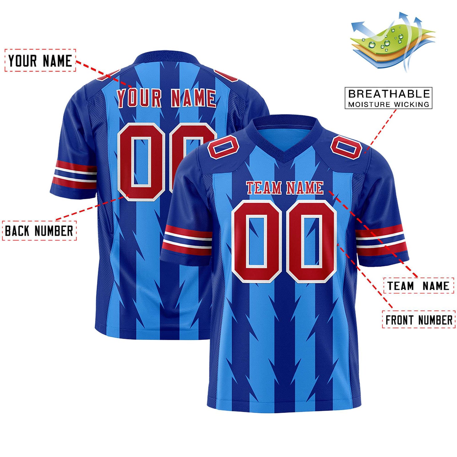 Custom Powder Blue and Royal Graffiti Pattern Practice Flag Football Jerseys For Youth & Mens| KXKSHOP