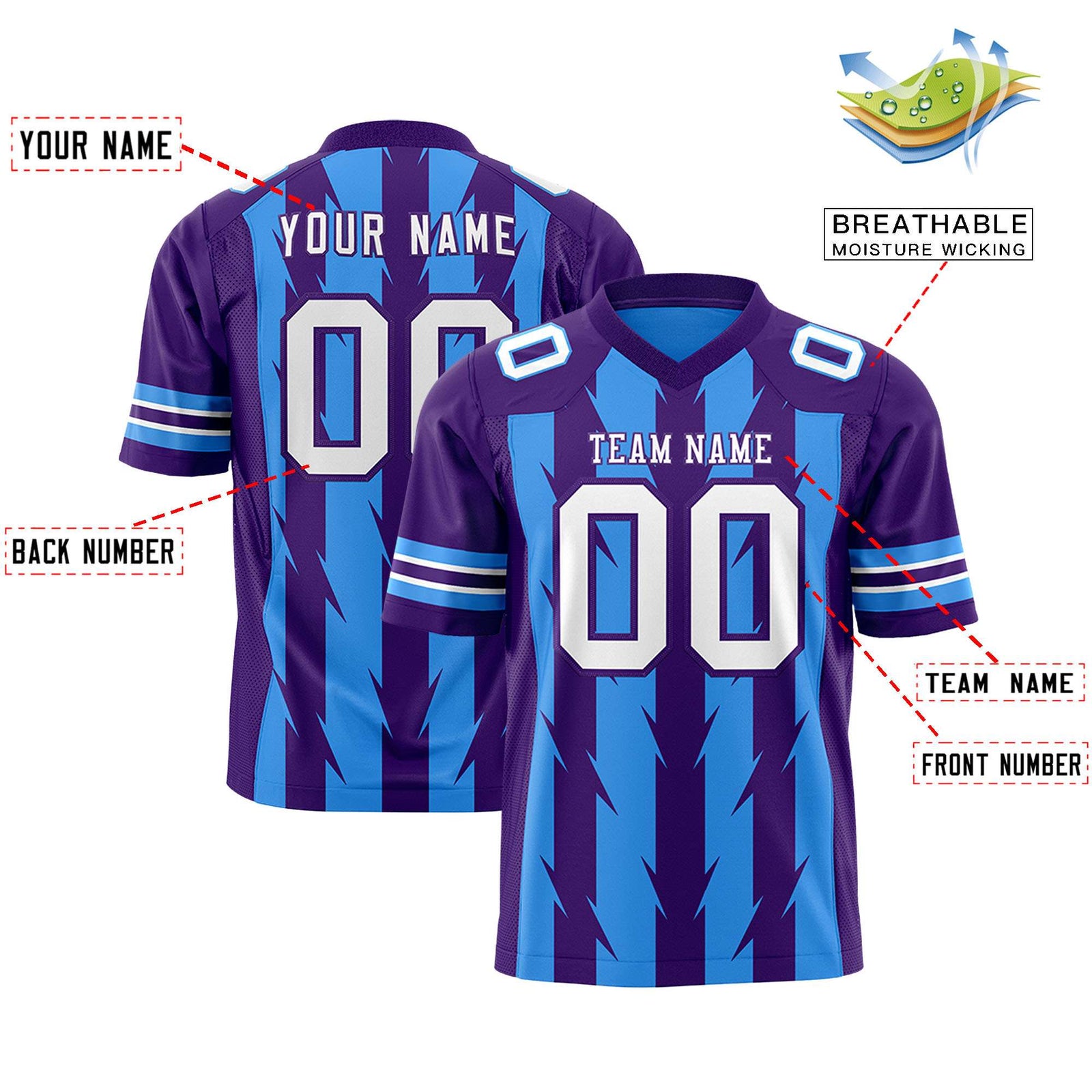 Custom Powder Blue and Purple Graffiti Pattern Practice Flag Football Jerseys For Youth & Mens| KXKSHOP