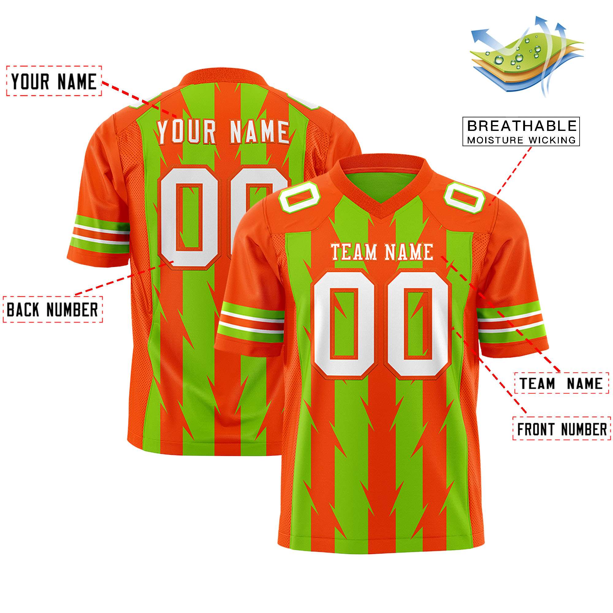 Custom Neon Green and Orange Graffiti Pattern Practice Flag Football Jerseys For Youth & Mens| KXKSHOP