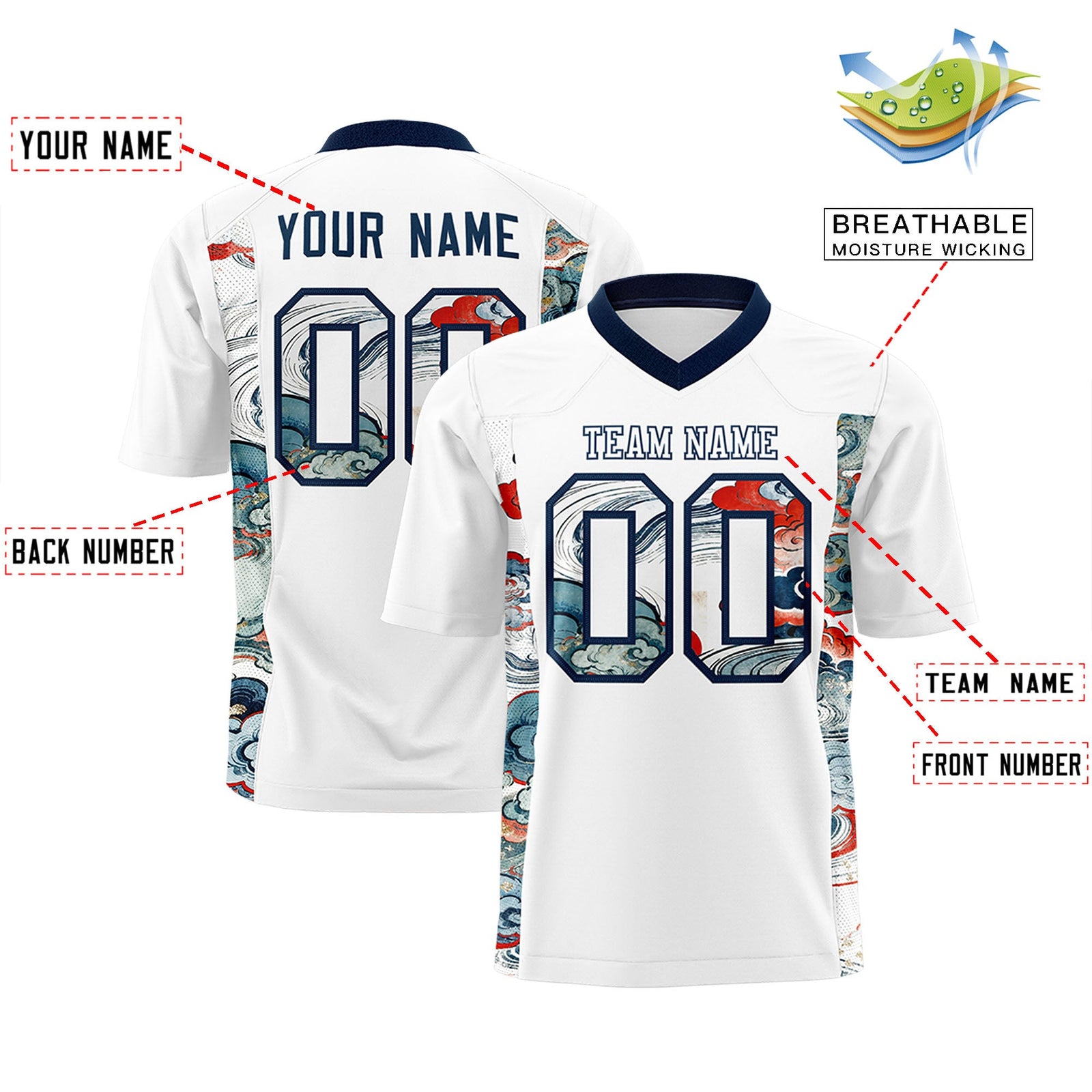 Custom White Navy Ukiyo-e Auspicious Clouds Graffiti Pattern Football Jersey | For Men,For Women | KXKSHOP