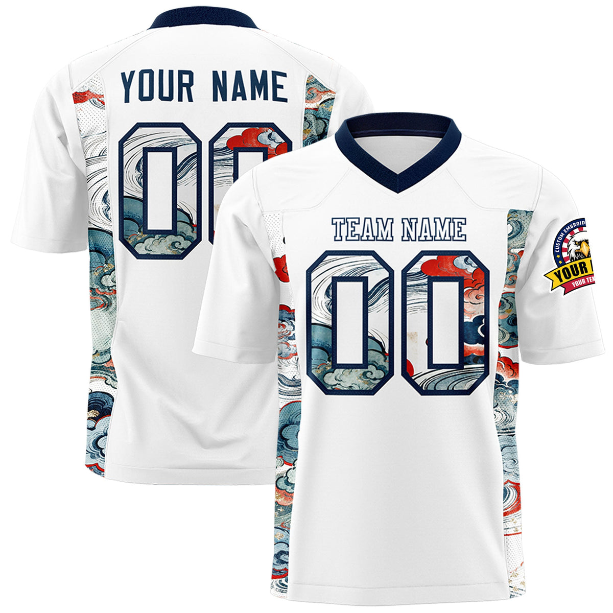 Custom White Navy Ukiyo-e Auspicious Clouds Graffiti Pattern Football Jersey | For Men,For Women | KXKSHOP