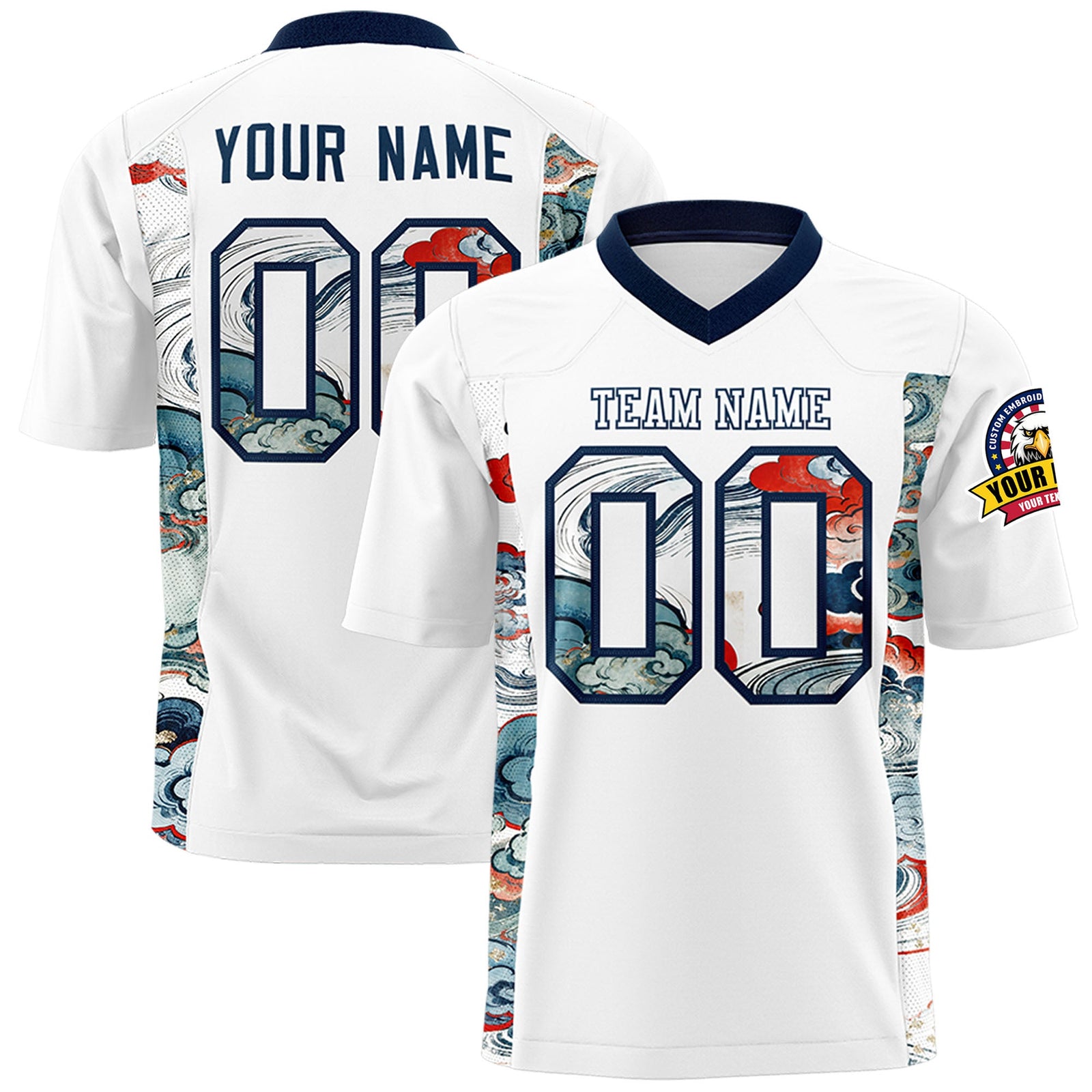 Custom White Navy Ukiyo-e Auspicious Clouds Graffiti Pattern Football Jersey | For Men,For Women | KXKSHOP