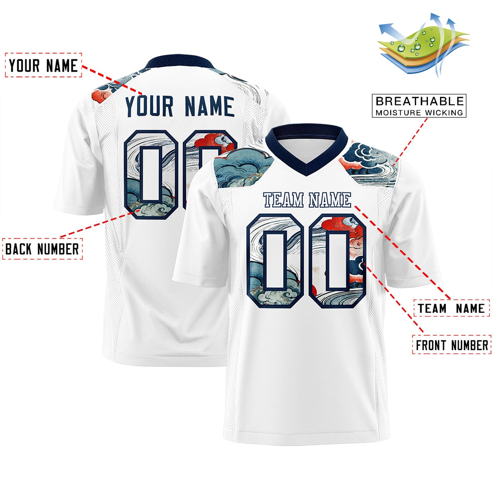 Custom Navy White Ukiyo-e Auspicious Clouds Graffiti Pattern Football Jersey | For Men,For Women | KXKSHOP