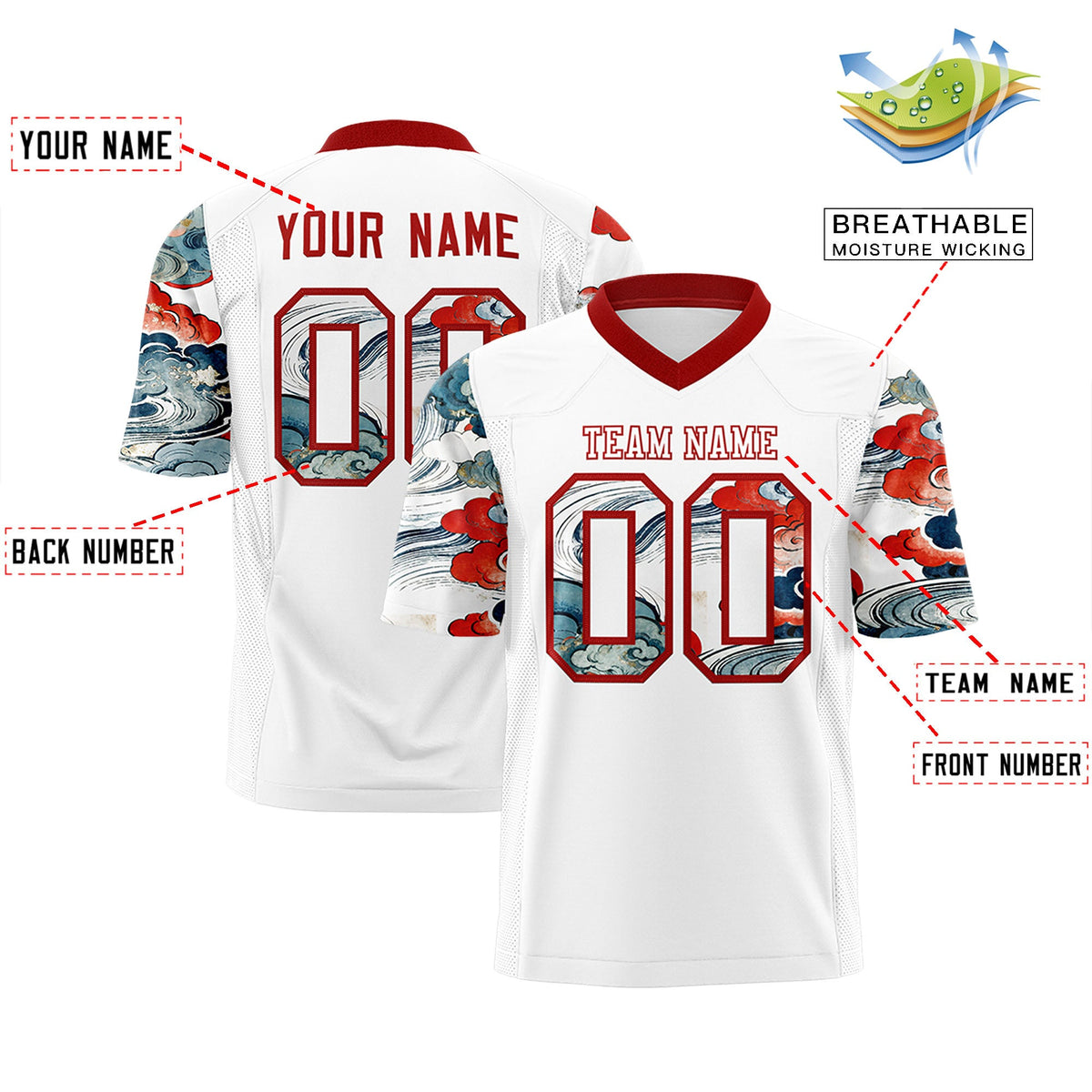 Custom White Red Sleeve Ukiyo-e Auspicious Clouds Graffiti Pattern Football Jersey | For Men,For Women | KXKSHOP