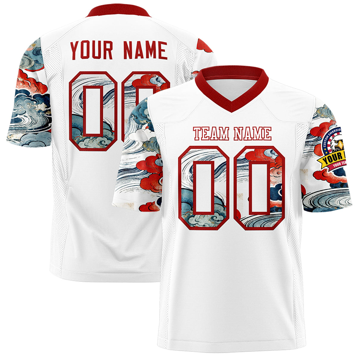 Custom White Red Sleeve Ukiyo-e Auspicious Clouds Graffiti Pattern Football Jersey | For Men,For Women | KXKSHOP