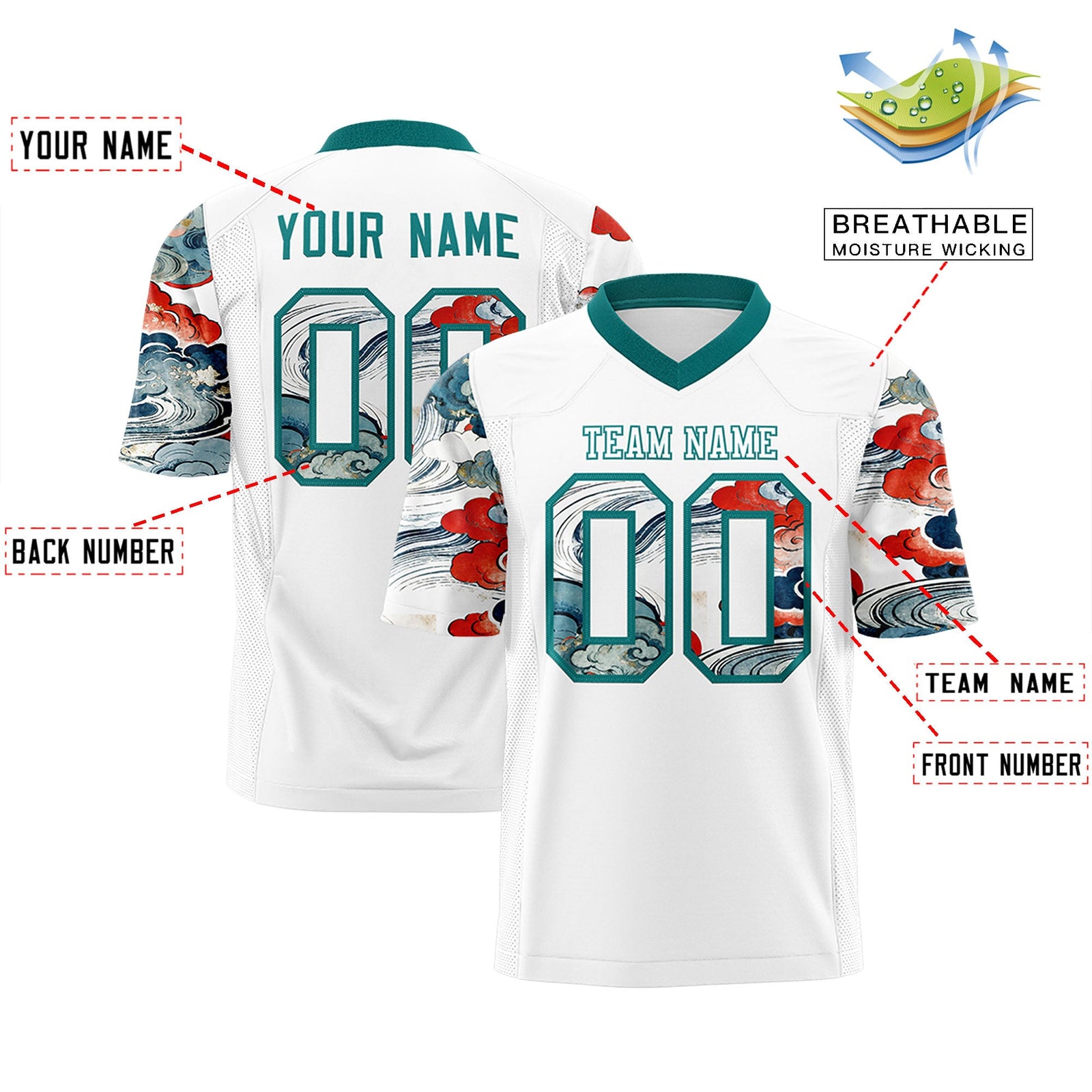 Custom White Teal Sleeve Ukiyo-e Auspicious Clouds Graffiti Pattern Football Jersey | For Men,For Women | KXKSHOP