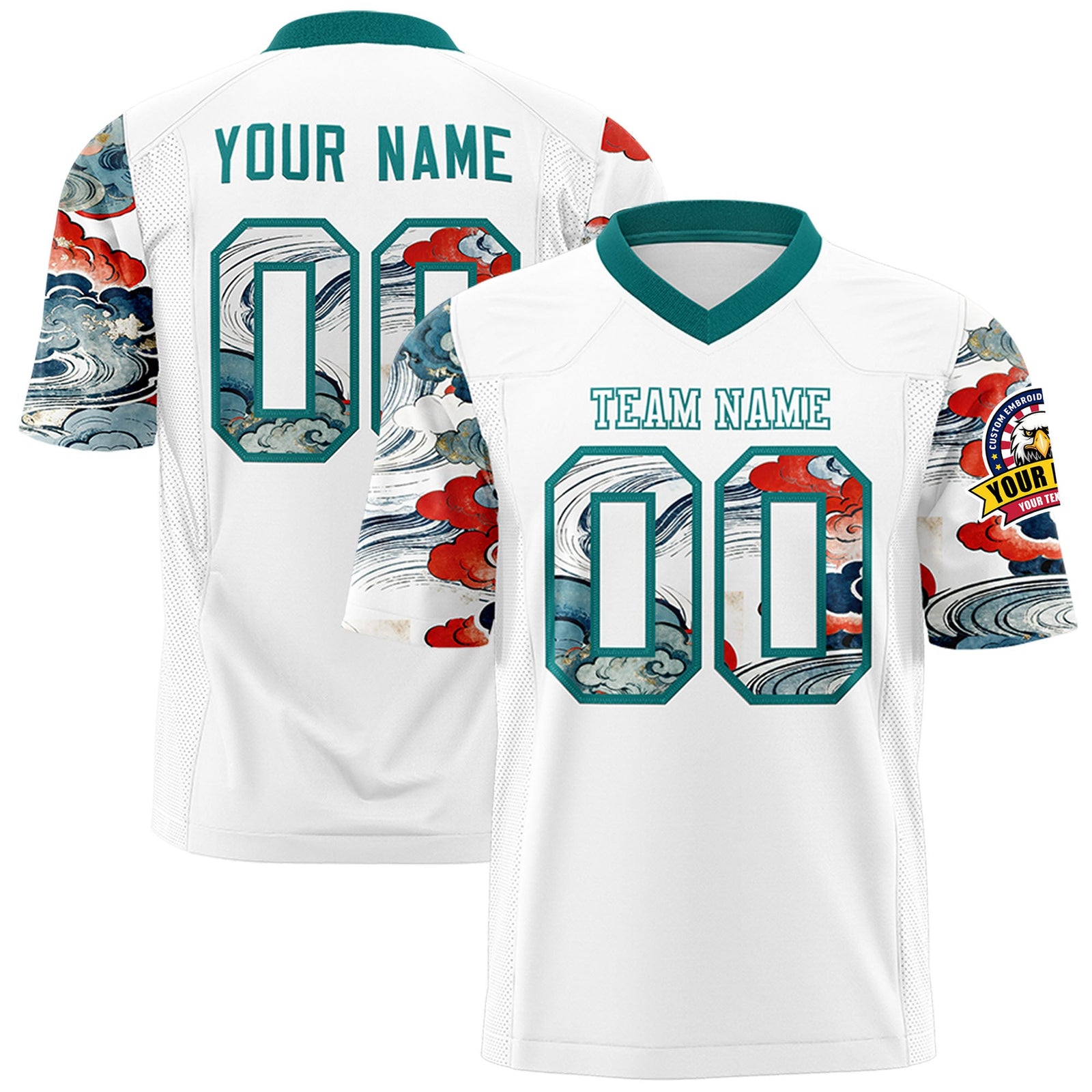 Custom White Teal Sleeve Ukiyo-e Auspicious Clouds Graffiti Pattern Football Jersey | For Men,For Women | KXKSHOP