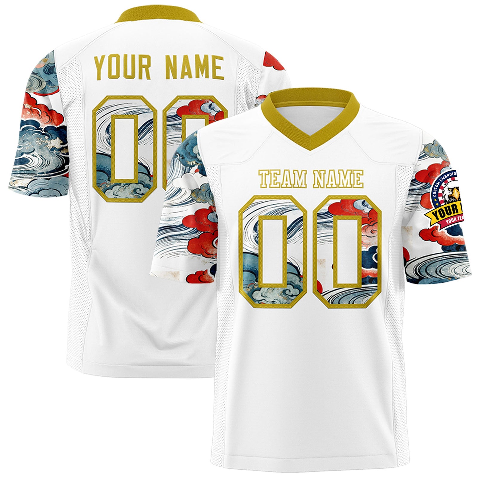 Custom White Old Gold Sleeve Ukiyo-e Auspicious Clouds Graffiti Pattern Football Jersey | For Men,For Women | KXKSHOP