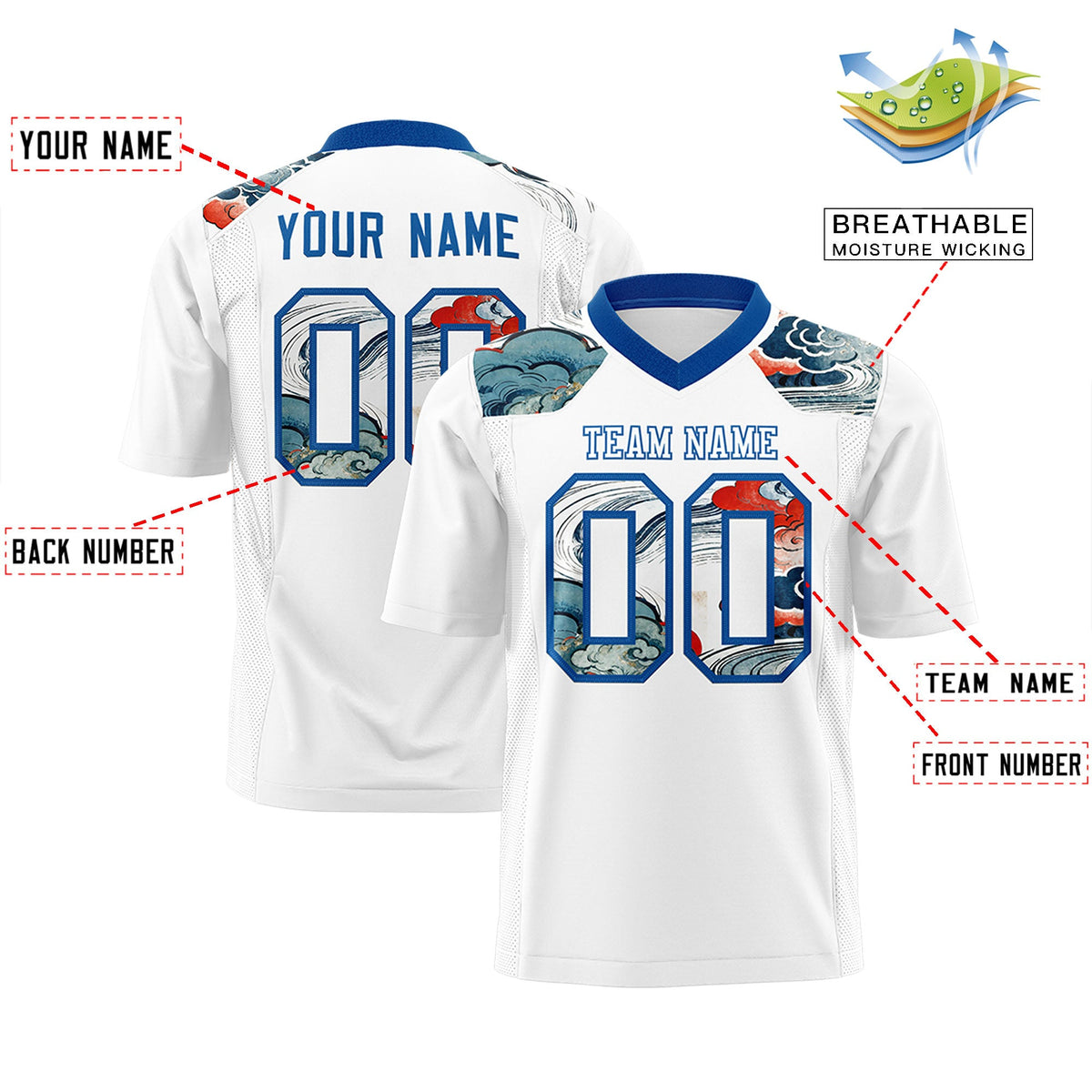 Custom Royal White Ukiyo-e Auspicious Clouds Graffiti Pattern Football Jersey | For Men,For Women | KXKSHOP