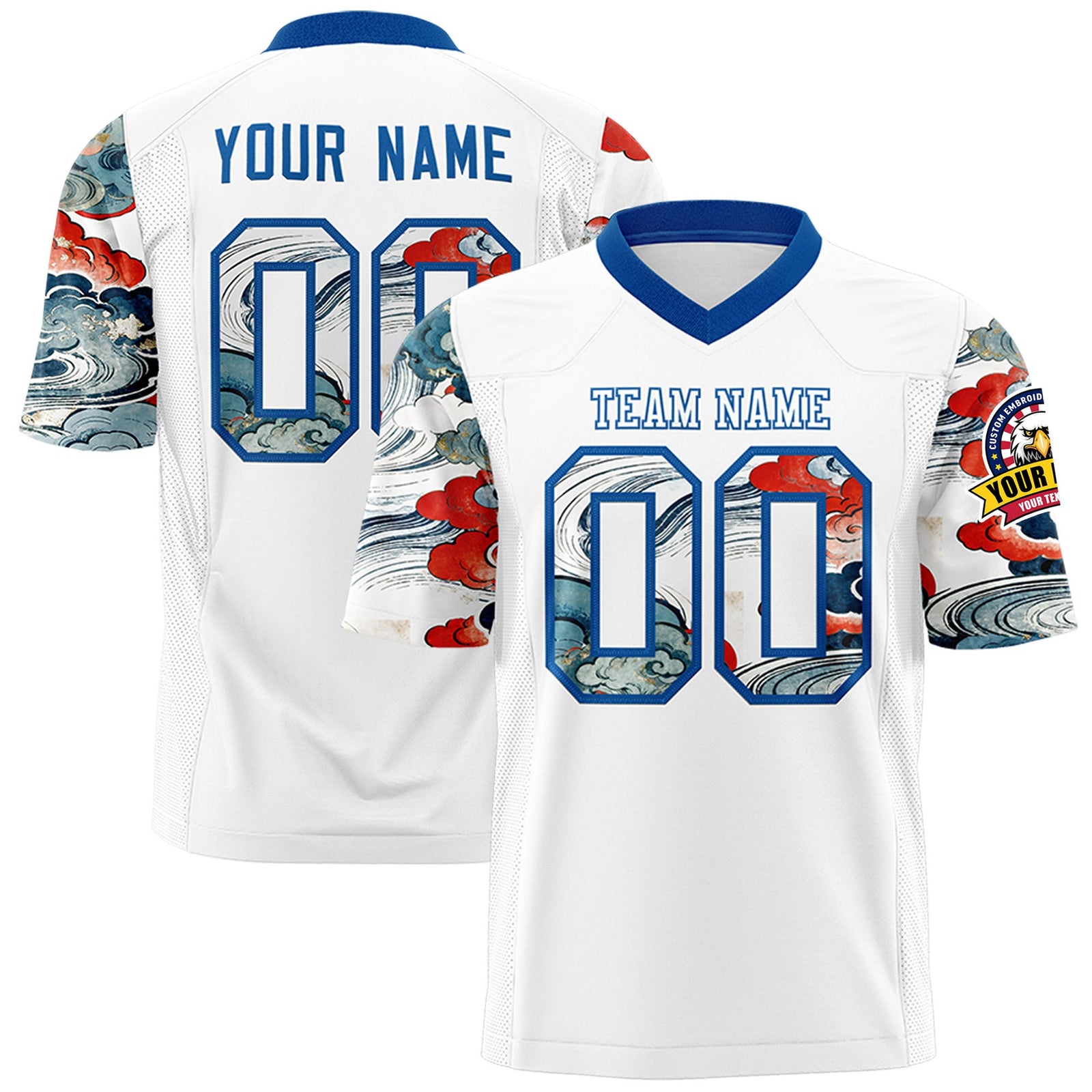 Custom White Royal Sleeve Ukiyo-e Auspicious Clouds Graffiti Pattern Football Jersey | For Men,For Women | KXKSHOP