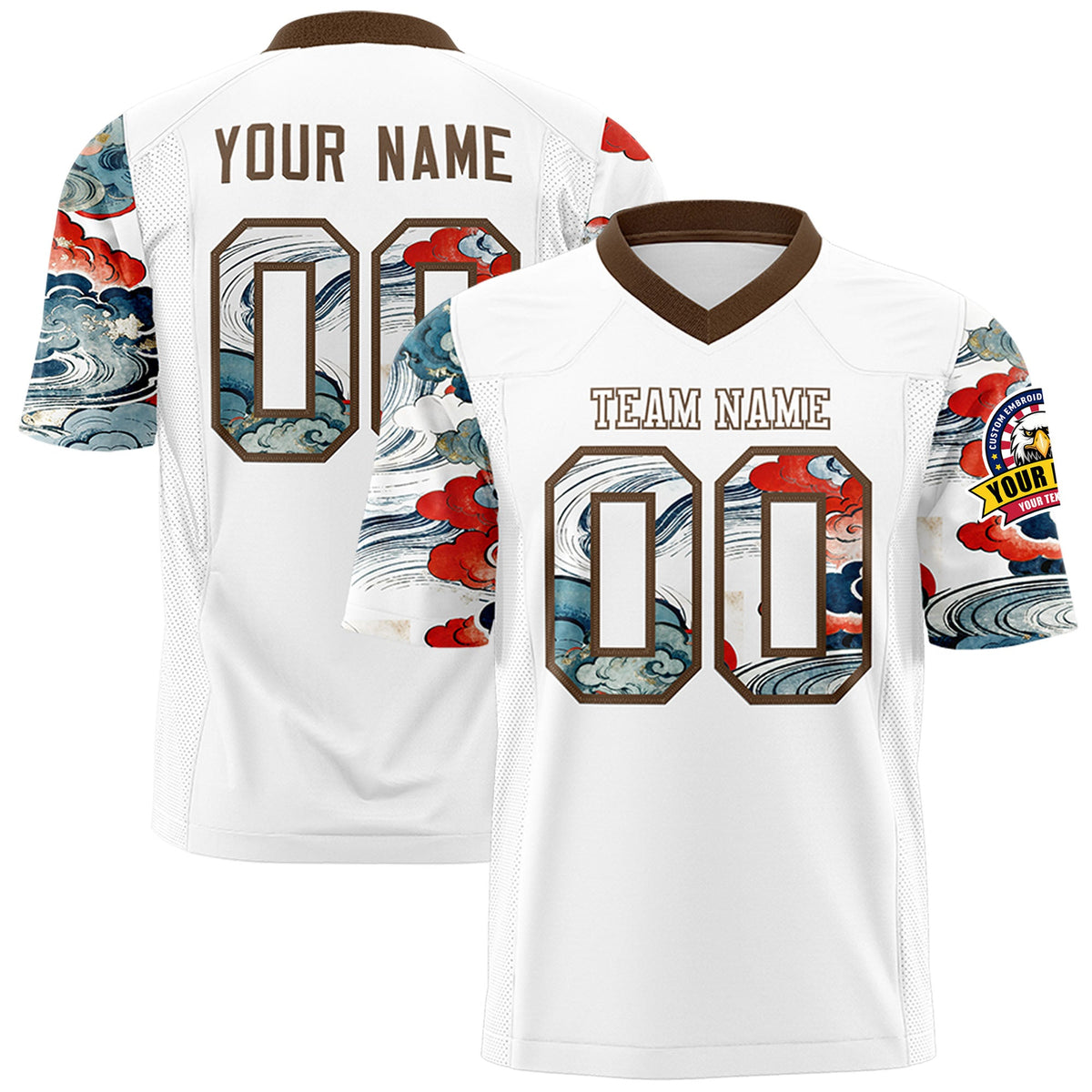 Custom White Light Brown Sleeve Ukiyo-e Auspicious Clouds Graffiti Pattern Football Jersey | For Men,For Women | KXKSHOP