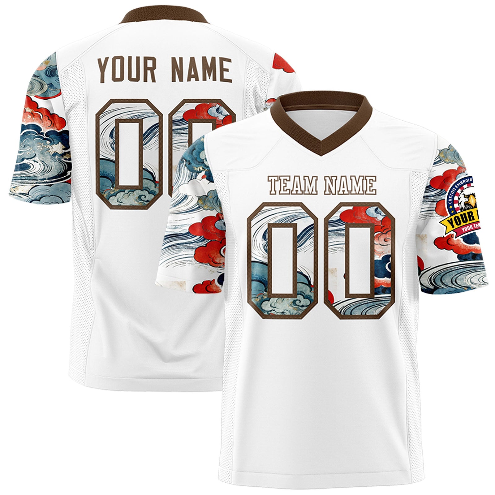 Custom White Light Brown Sleeve Ukiyo-e Auspicious Clouds Graffiti Pattern Football Jersey | For Men,For Women | KXKSHOP