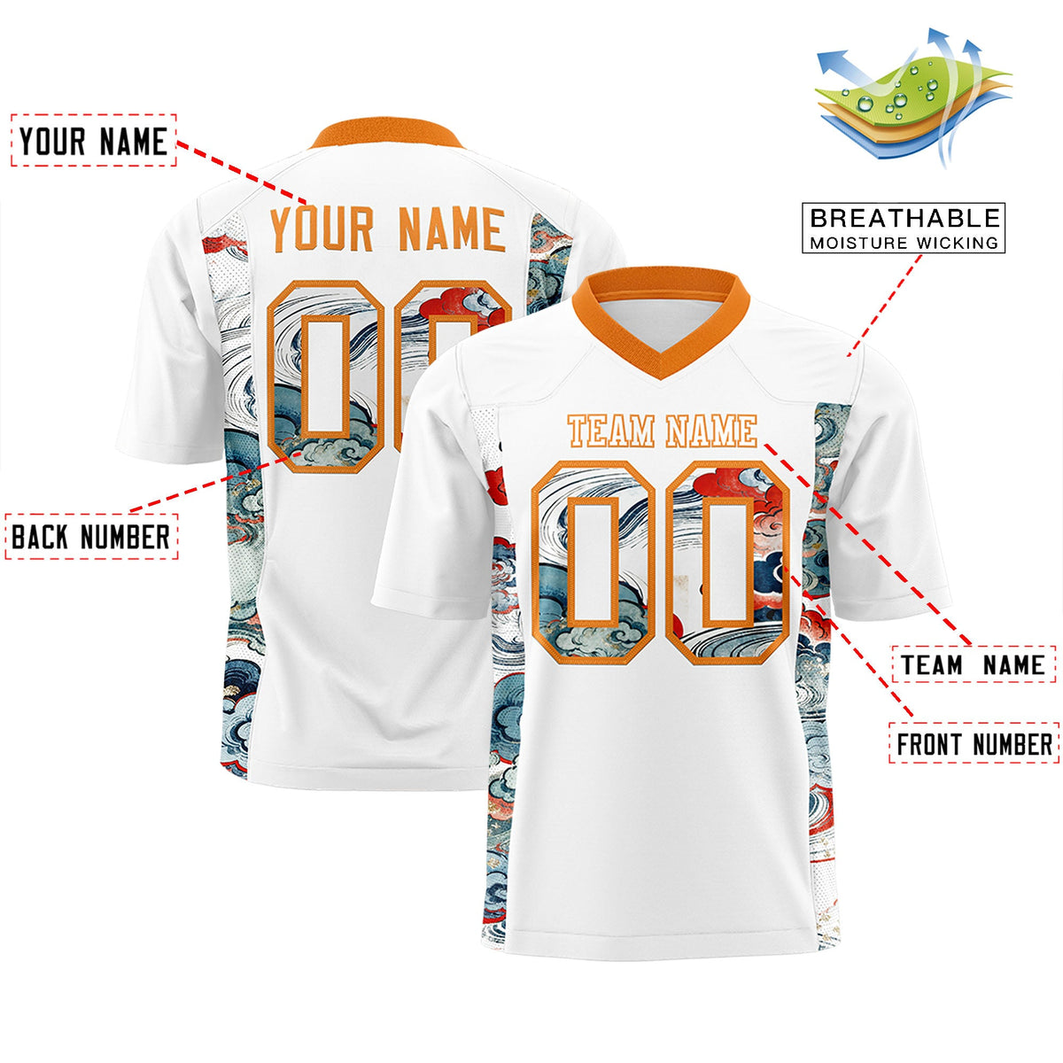 Custom White Orange Ukiyo-e Auspicious Clouds Graffiti Pattern Football Jersey | For Men,For Women | KXKSHOP