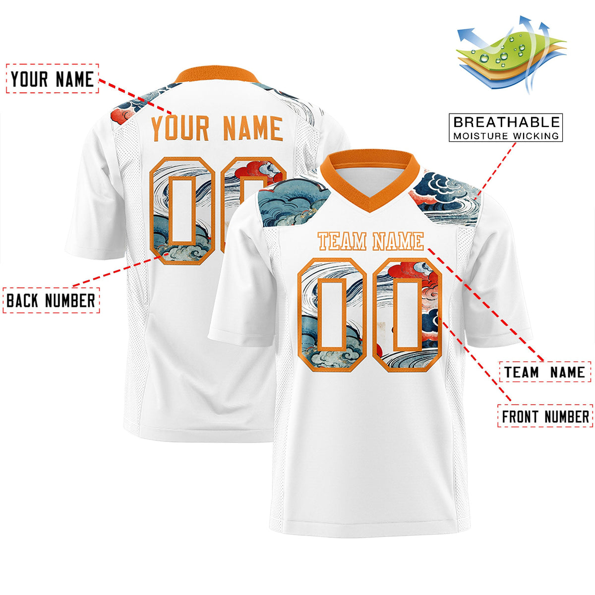 Custom Orange White Ukiyo-e Auspicious Clouds Graffiti Pattern Football Jersey | For Men,For Women | KXKSHOP