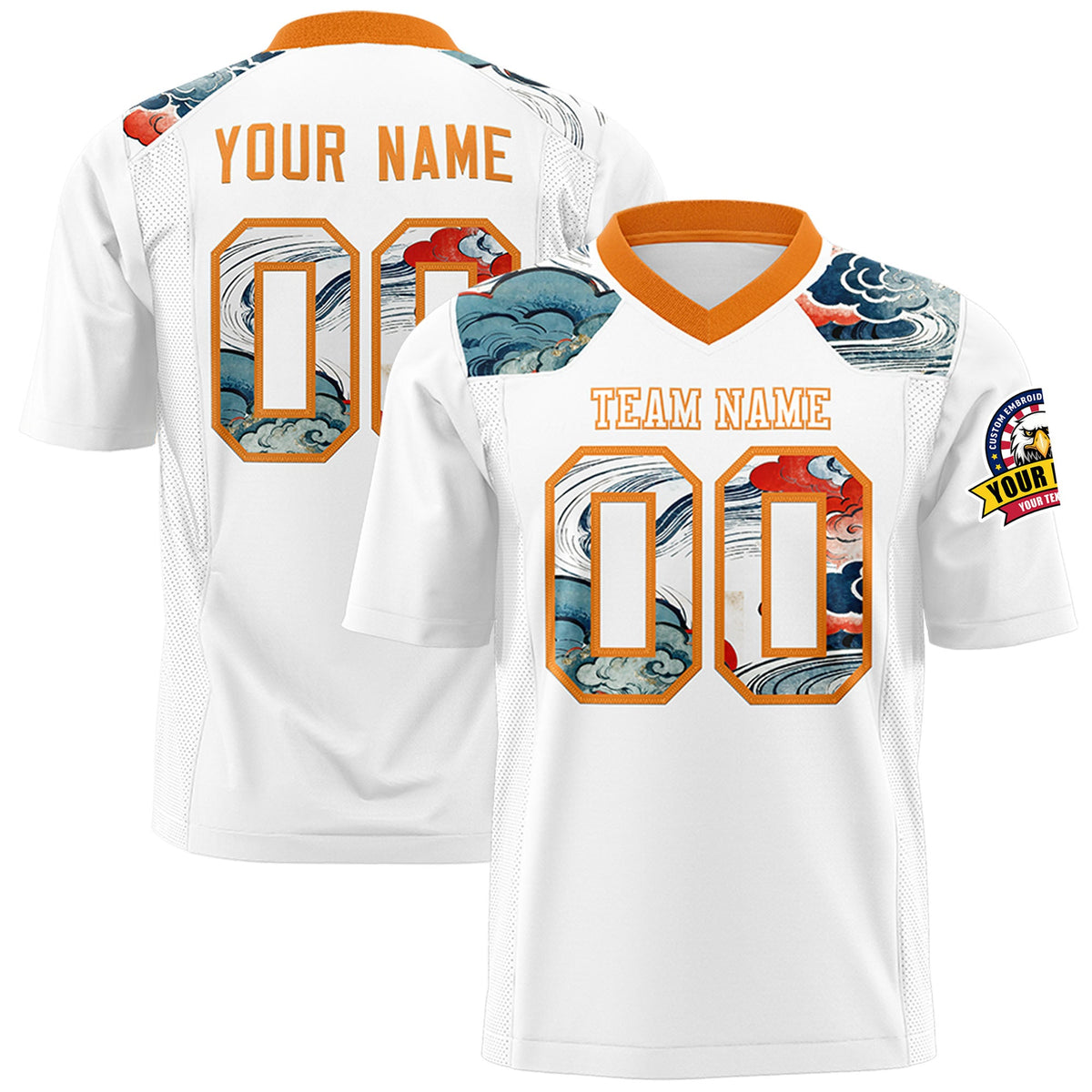 Custom Orange White Ukiyo-e Auspicious Clouds Graffiti Pattern Football Jersey | For Men,For Women | KXKSHOP