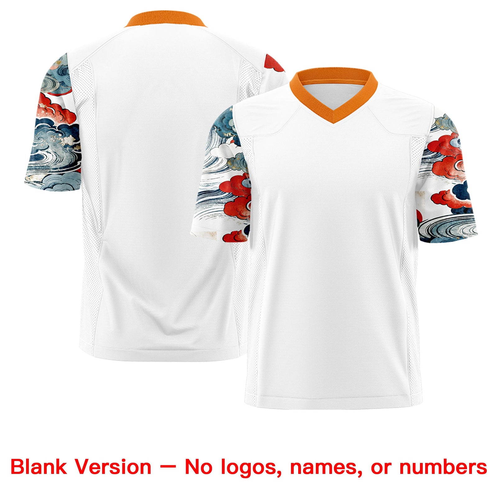 Custom White Orange Sleeve Ukiyo-e Auspicious Clouds Graffiti Pattern Football Jersey | For Men,For Women | KXKSHOP