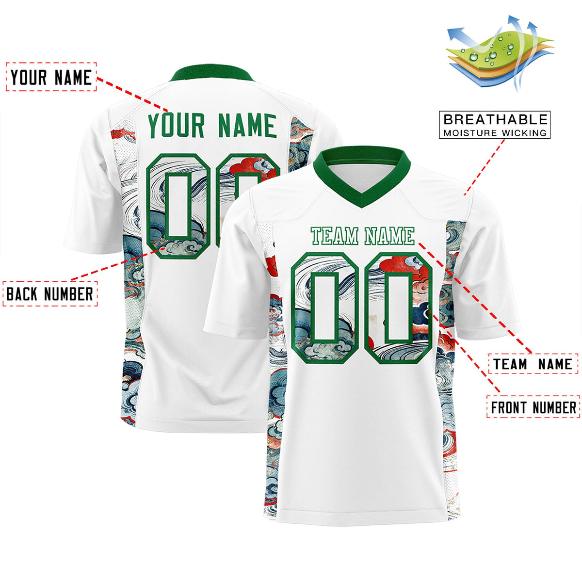 Custom White Kelly Green Ukiyo-e Auspicious Clouds Graffiti Pattern Football Jersey | For Men,For Women | KXKSHOP