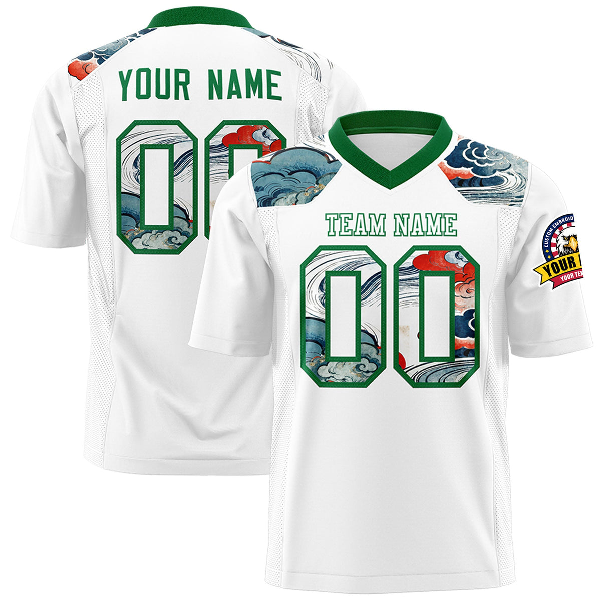 Custom Kelly Green White Ukiyo-e Auspicious Clouds Graffiti Pattern Football Jersey | For Men,For Women | KXKSHOP