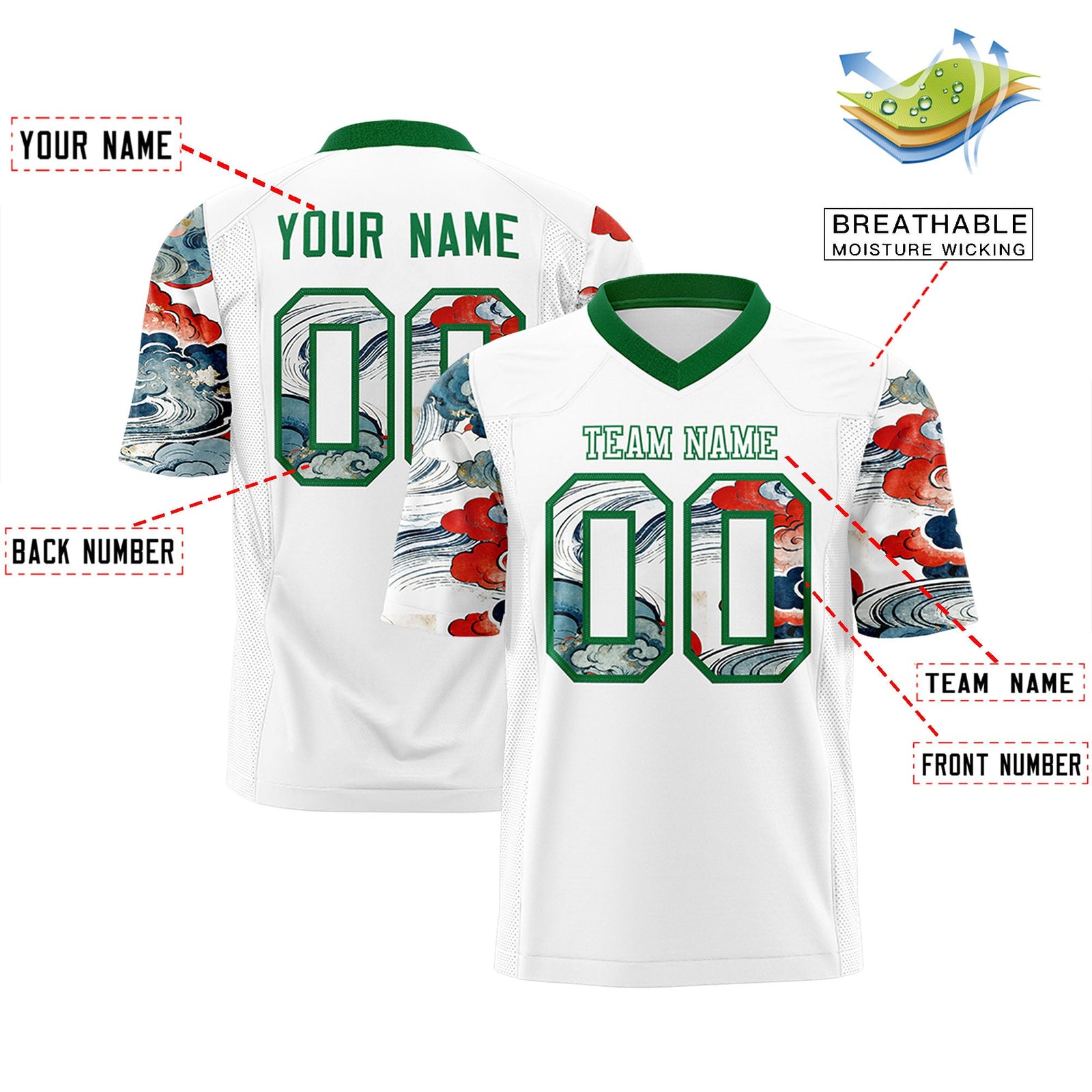 Custom White Kelly Green Sleeve Ukiyo-e Auspicious Clouds Graffiti Pattern Football Jersey | For Men,For Women | KXKSHOP