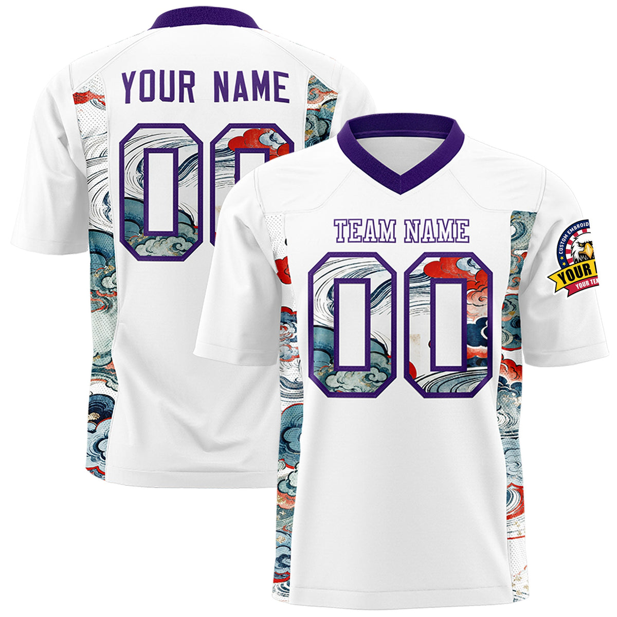Custom White Purple Ukiyo-e Auspicious Clouds Graffiti Pattern Football Jersey | For Men,For Women | KXKSHOP