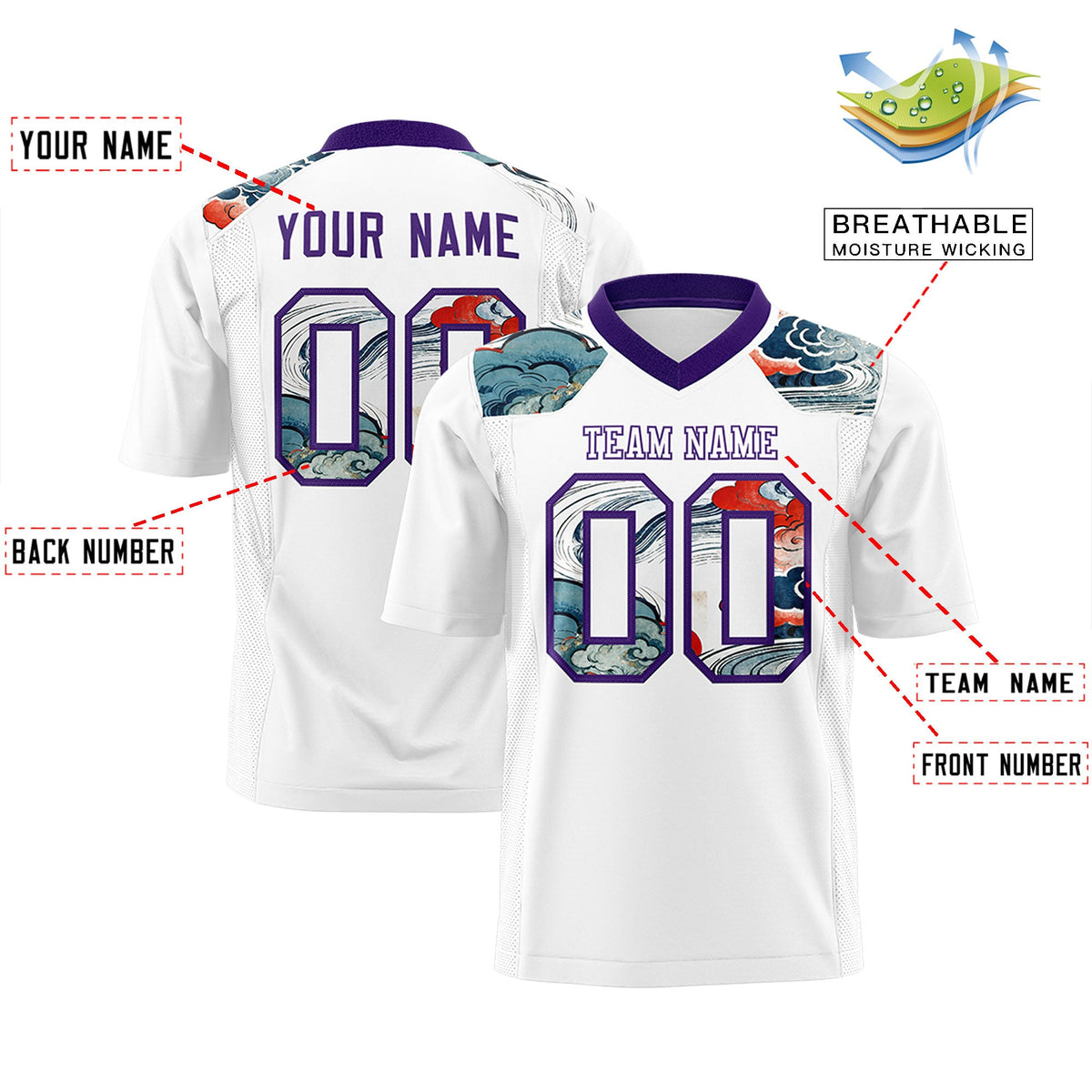 Custom Purple White Ukiyo-e Auspicious Clouds Graffiti Pattern Football Jersey | For Men,For Women | KXKSHOP