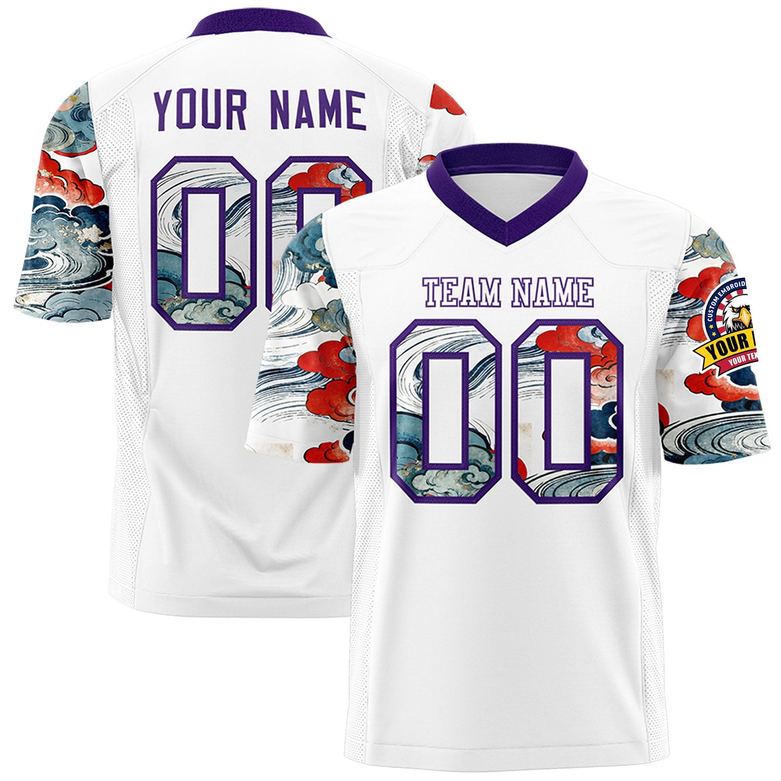 Custom White Purple Sleeve Ukiyo-e Auspicious Clouds Graffiti Pattern Football Jersey | For Men,For Women | KXKSHOP