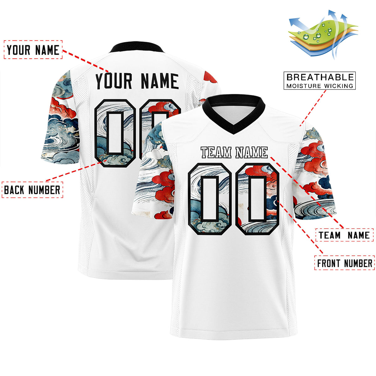Custom White Black Sleeve Ukiyo-e Auspicious Clouds Graffiti Pattern Football Jersey | For Men,For Women | KXKSHOP