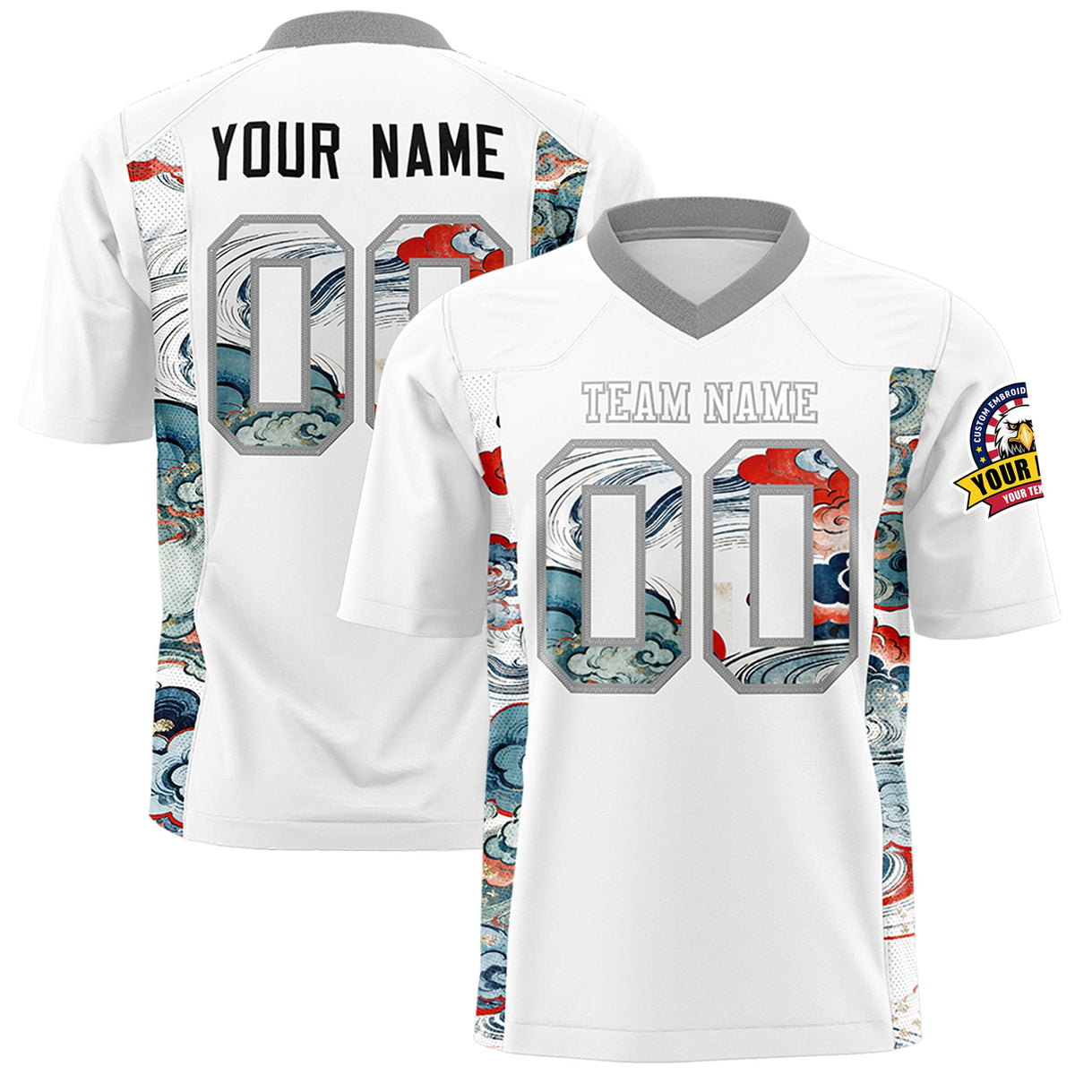Custom White Gray Ukiyo-e Auspicious Clouds Graffiti Pattern Football Jersey | For Men,For Women | KXKSHOP