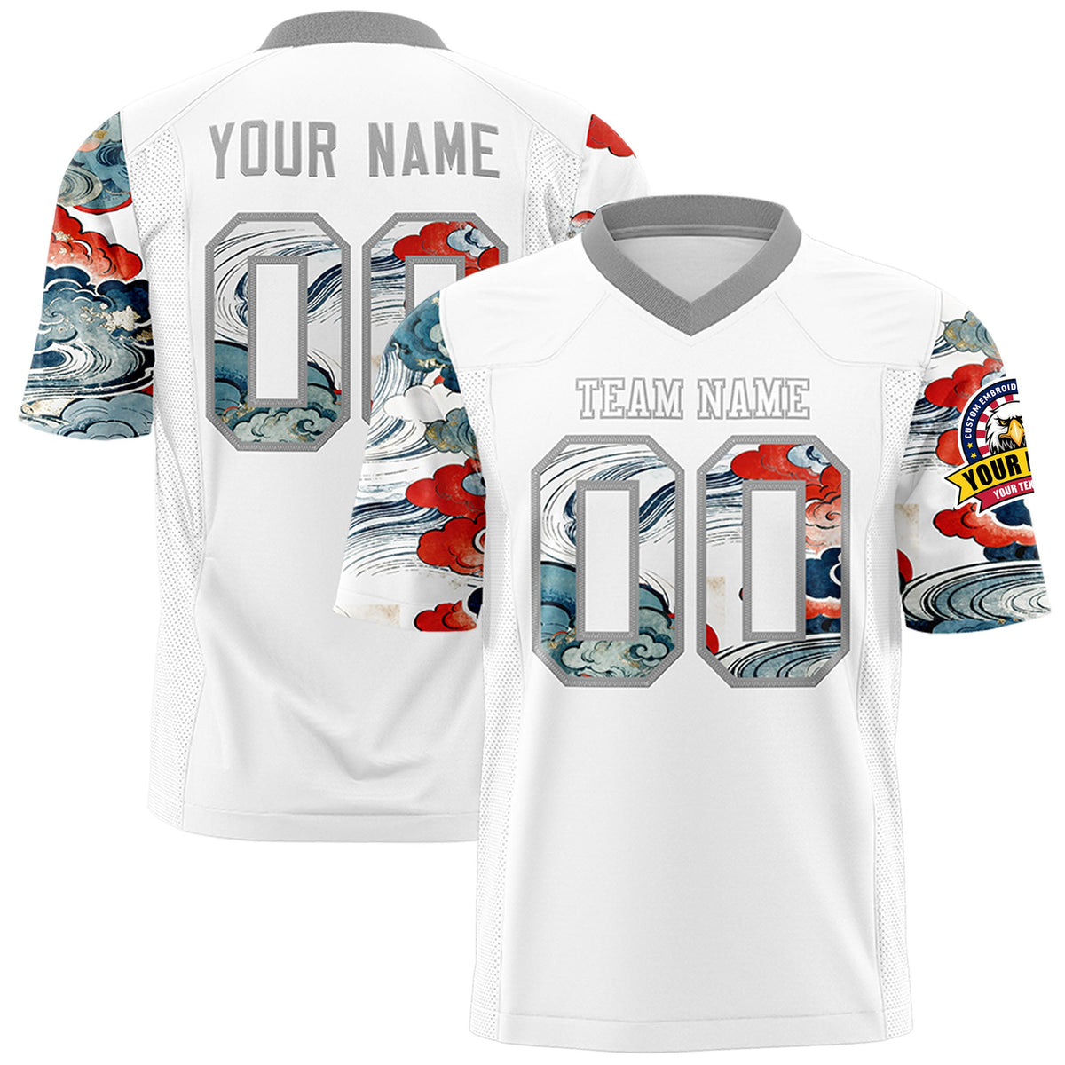 Custom White Gray Sleeve Ukiyo-e Auspicious Clouds Graffiti Pattern Football Jersey | For Men,For Women | KXKSHOP
