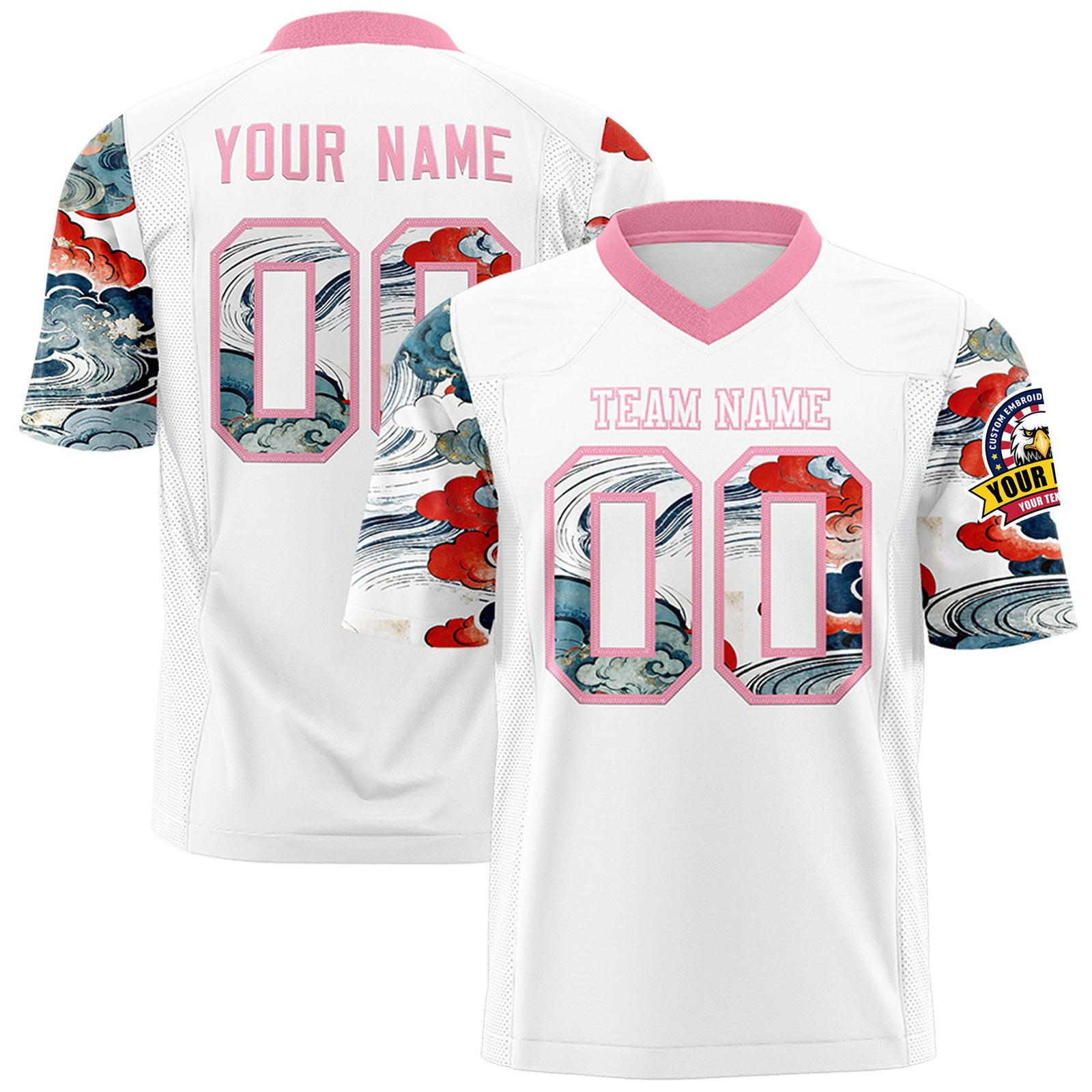 Custom White Light Pink Sleeve Ukiyo-e Auspicious Clouds Graffiti Pattern Football Jersey | For Men,For Women | KXKSHOP