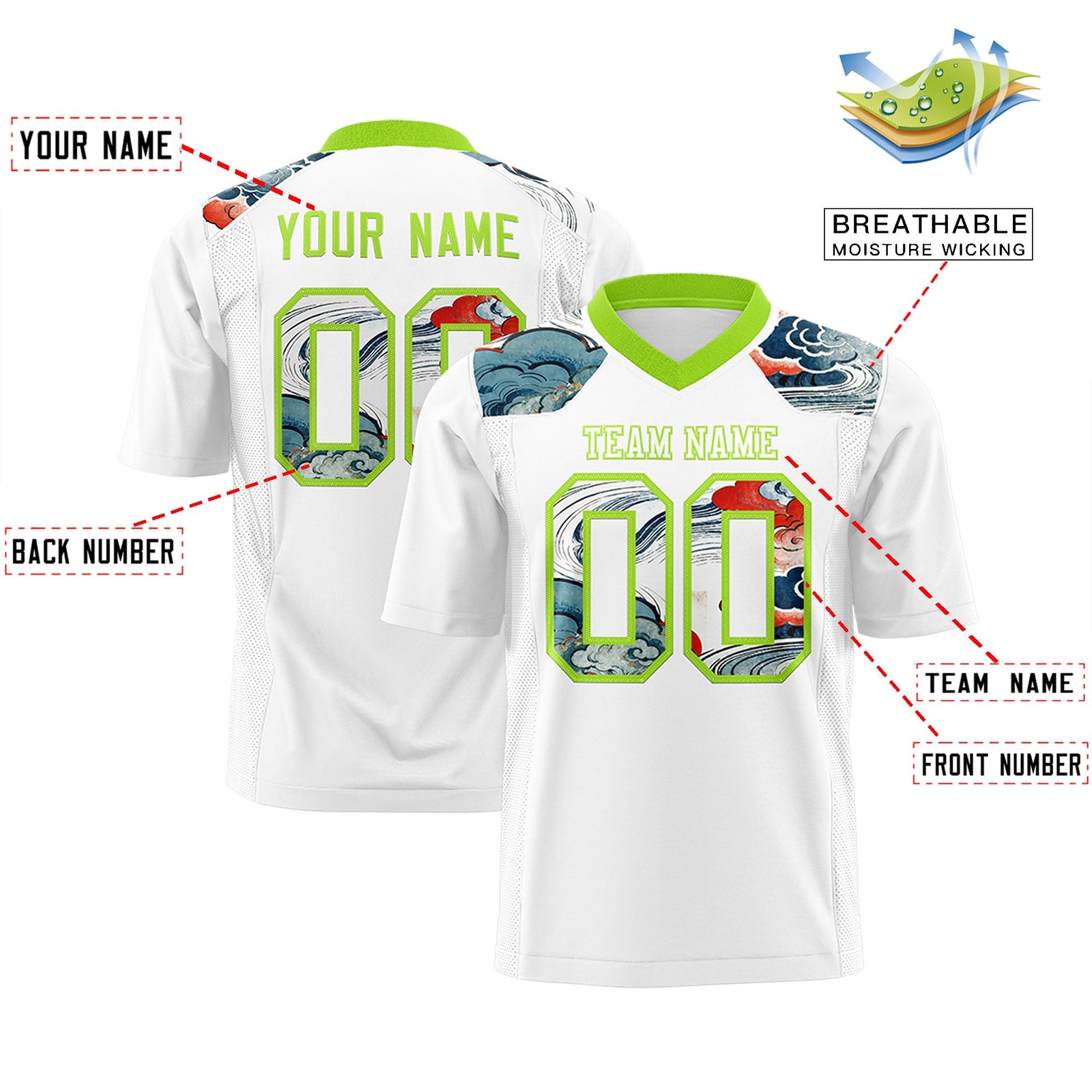 Custom Neon Green White Ukiyo-e Auspicious Clouds Graffiti Pattern Football Jersey | For Men,For Women | KXKSHOP