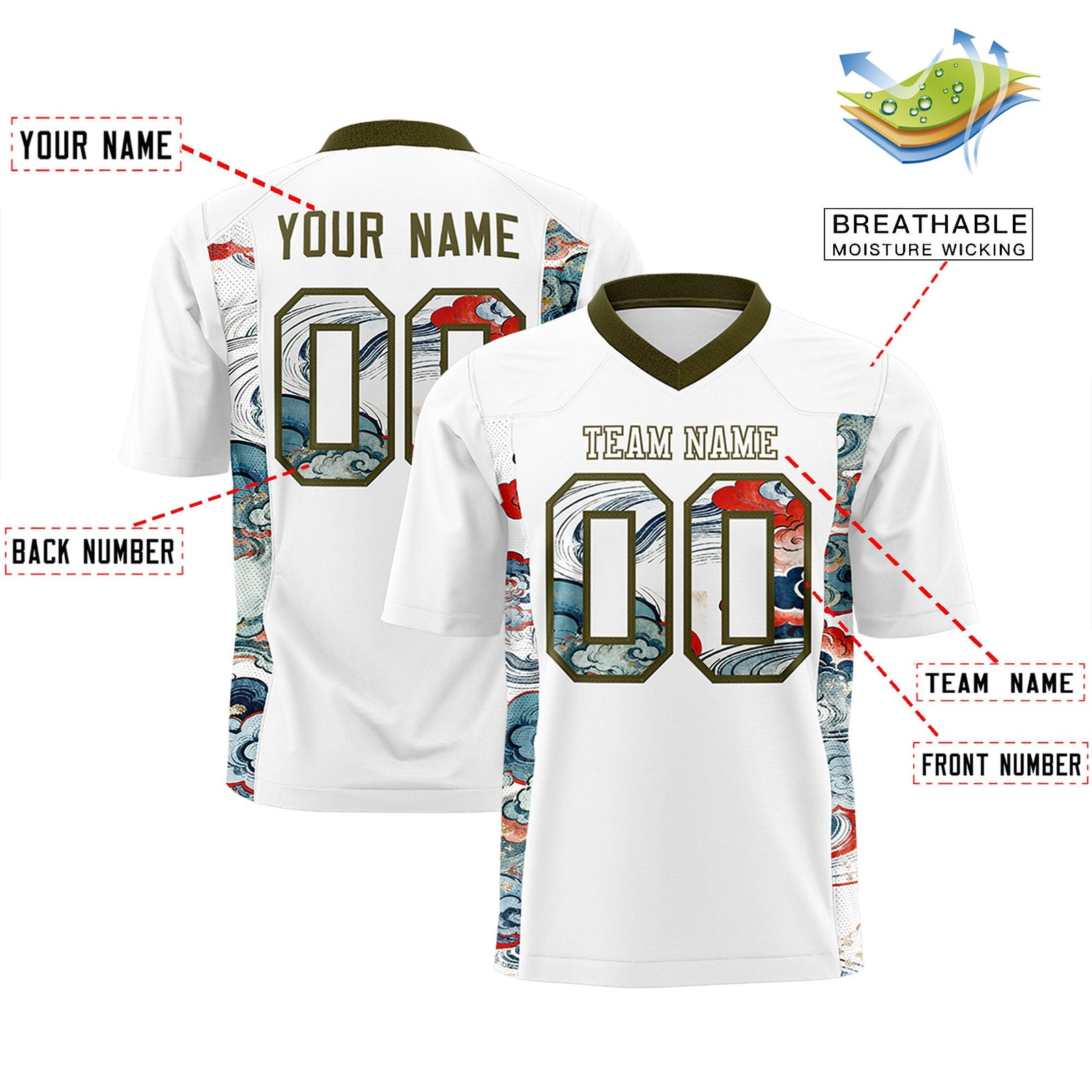 Custom White Olive Ukiyo-e Auspicious Clouds Graffiti Pattern Football Jersey | For Men,For Women | KXKSHOP