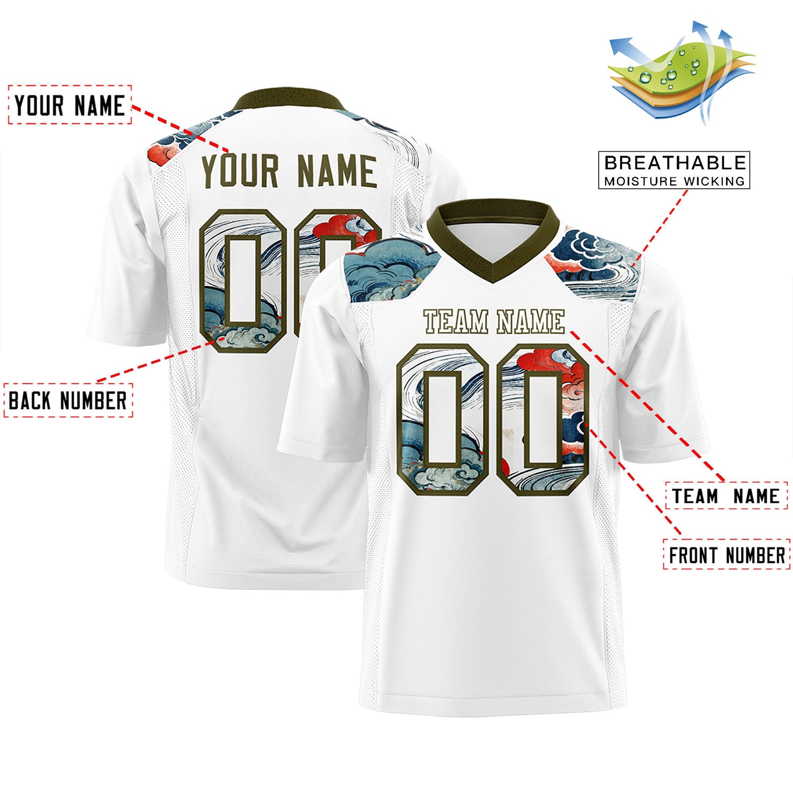Custom OliveWhite Ukiyo-e Auspicious Clouds Graffiti Pattern Football Jersey | For Men,For Women | KXKSHOP