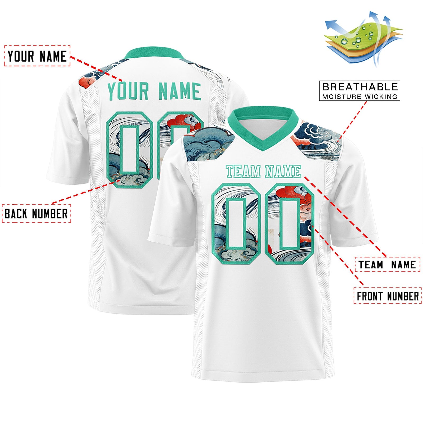 Custom Bright Green White Ukiyo-e Auspicious Clouds Graffiti Pattern Football Jersey | For Men,For Women | KXKSHOP