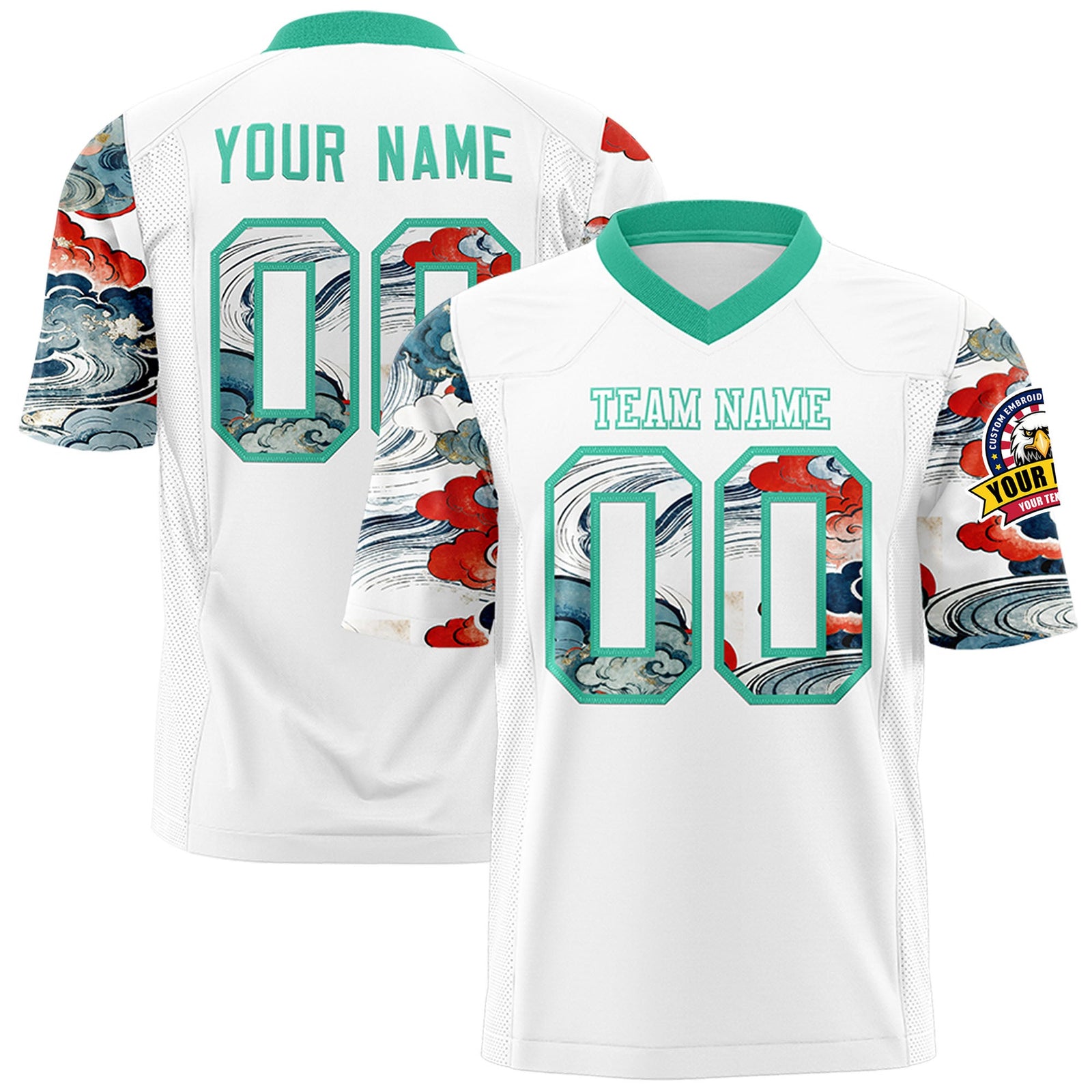 Custom White Bright Green Sleeve Ukiyo-e Auspicious Clouds Graffiti Pattern Football Jersey | For Men,For Women | KXKSHOP