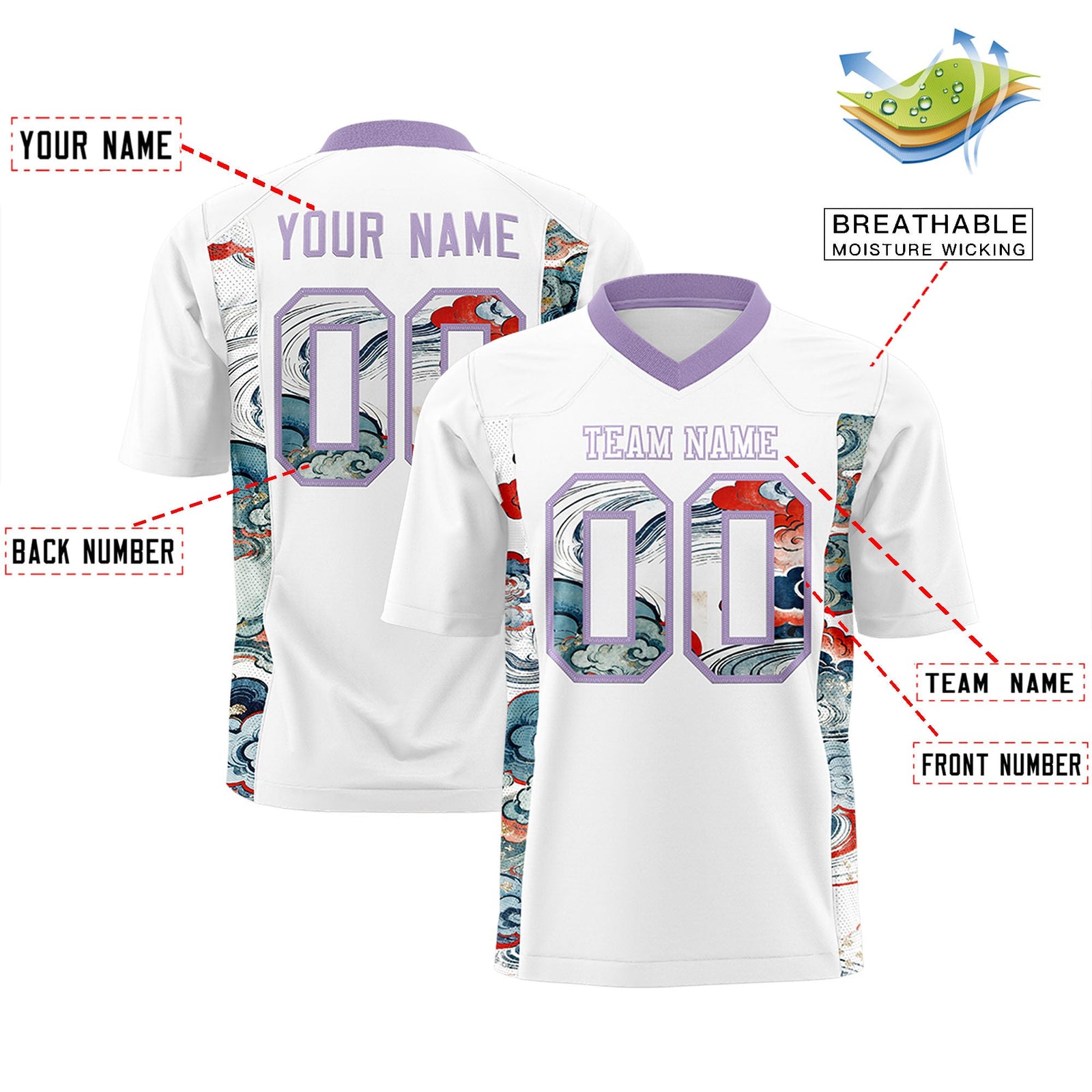 Custom White Light Purple Ukiyo-e Auspicious Clouds Graffiti Pattern Football Jersey | For Men,For Women | KXKSHOP