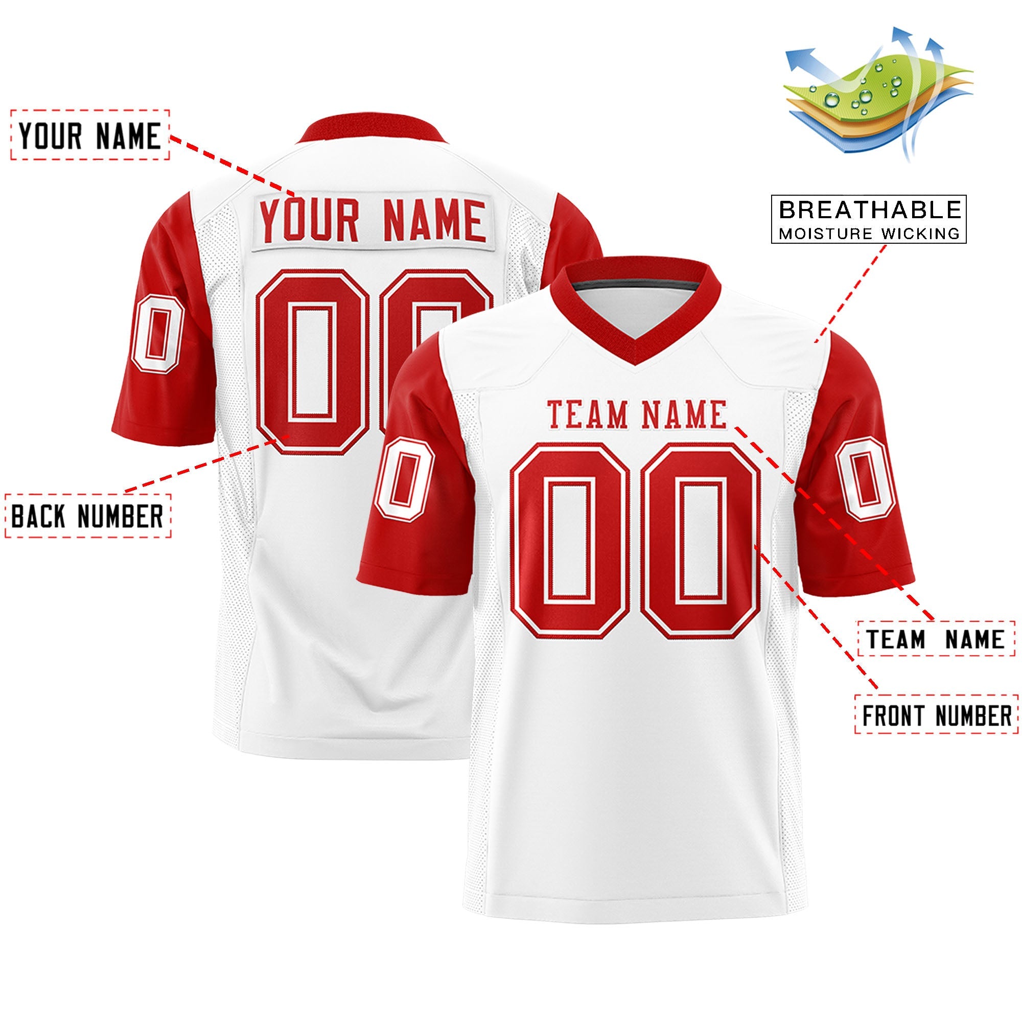 Custom White Red Personalized Raglan Sleeves Design Authentic Football Jersey