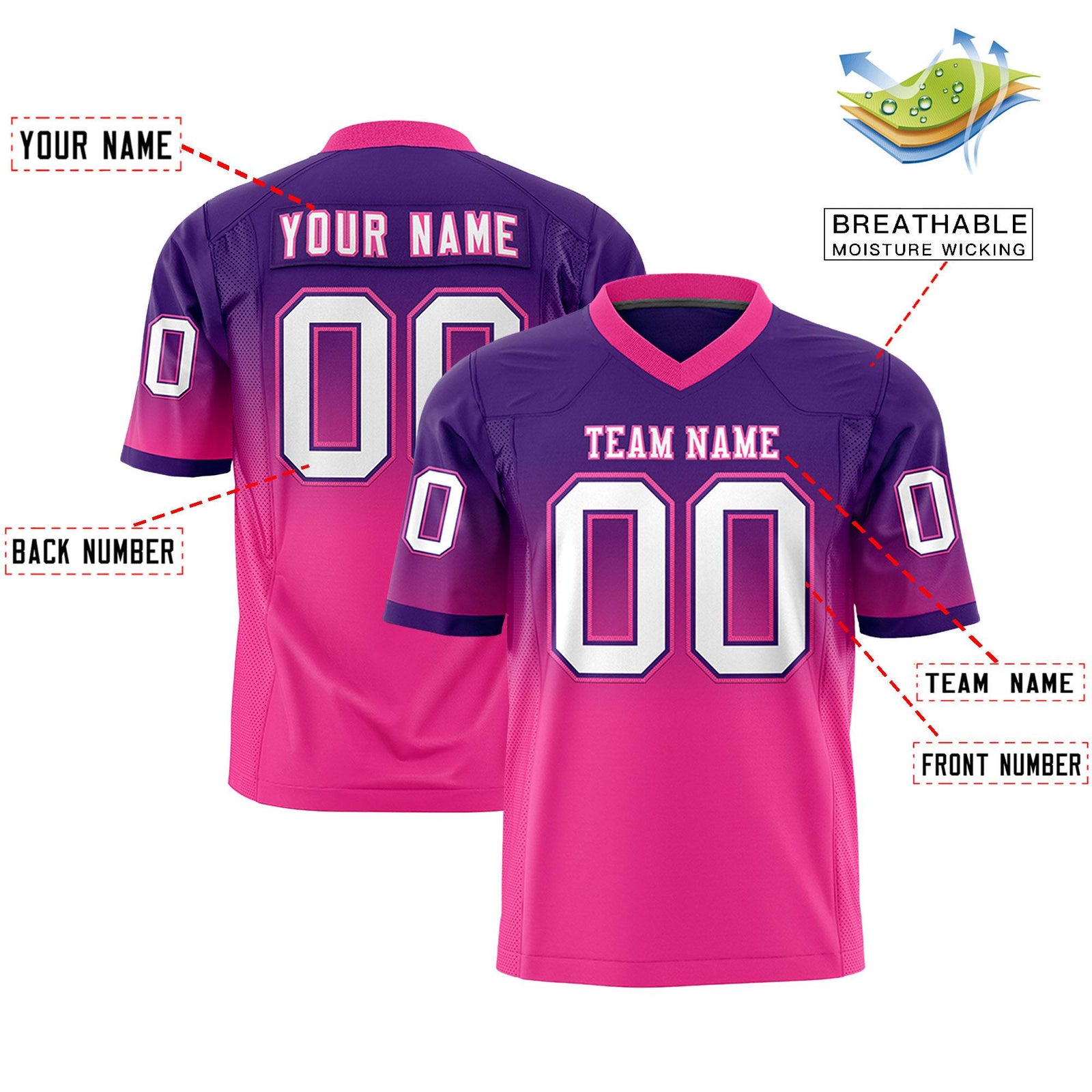 Custom Purple Pink Gradient Fashion Personalized Authentic Football Jersey