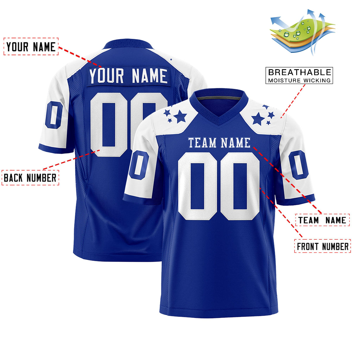 Custom Royal White Personalized Shoulder Star Pattern Flag Football Jersey