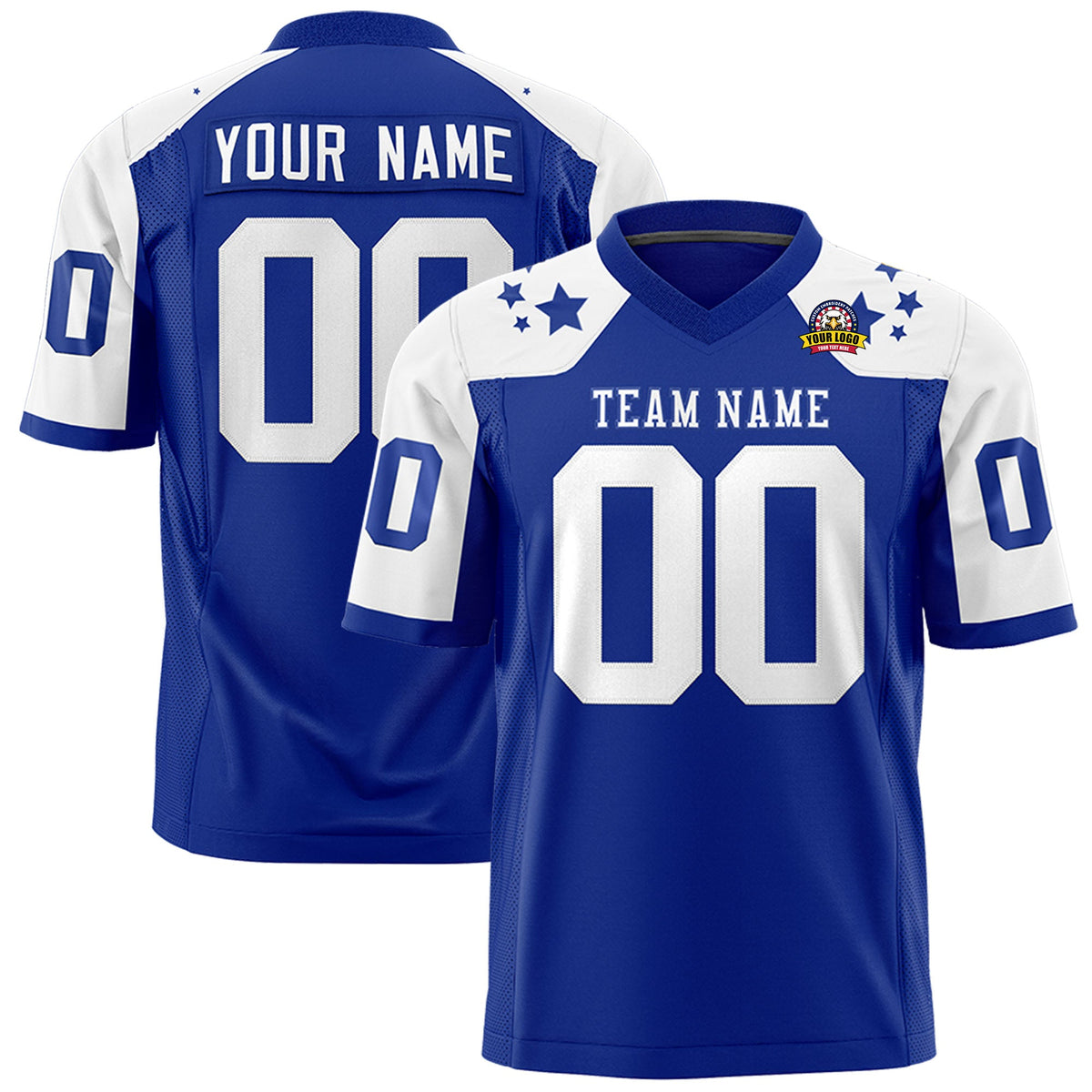 Custom Royal White Personalized Shoulder Star Pattern Authentic Flag Football Jersey