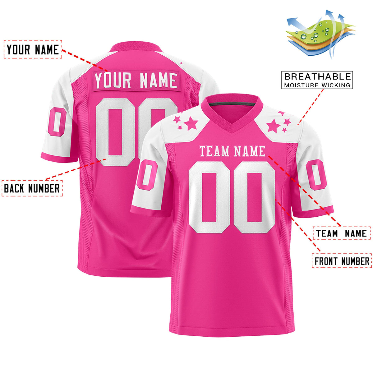 Custom Pink White Personalized Shoulder Star Pattern Flag Football Jersey