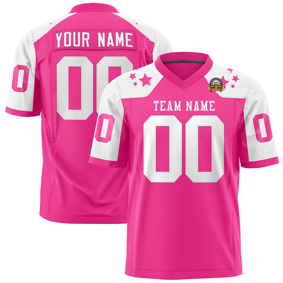 Custom Pink White Personalized Shoulder Star Pattern Authentic Flag Football Jersey