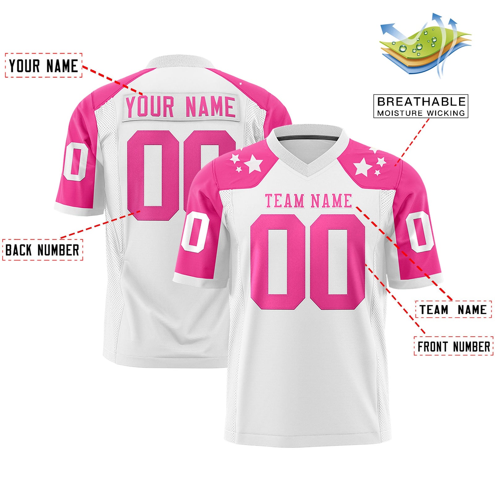 Custom White Pink Personalized Shoulder Star Pattern Authentic Flag Football Jersey