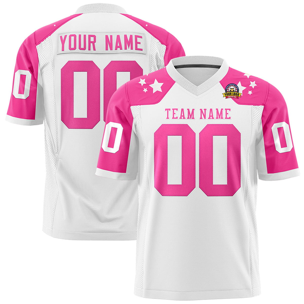 Custom White Pink Personalized Shoulder Star Pattern Authentic Flag Football Jersey