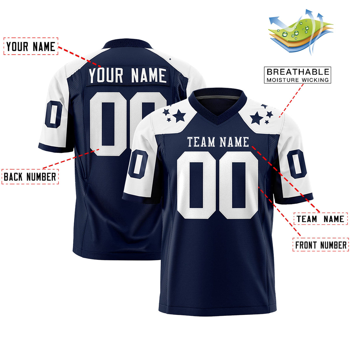 Custom Navy White Personalized Shoulder Star Pattern Flag Football Jersey