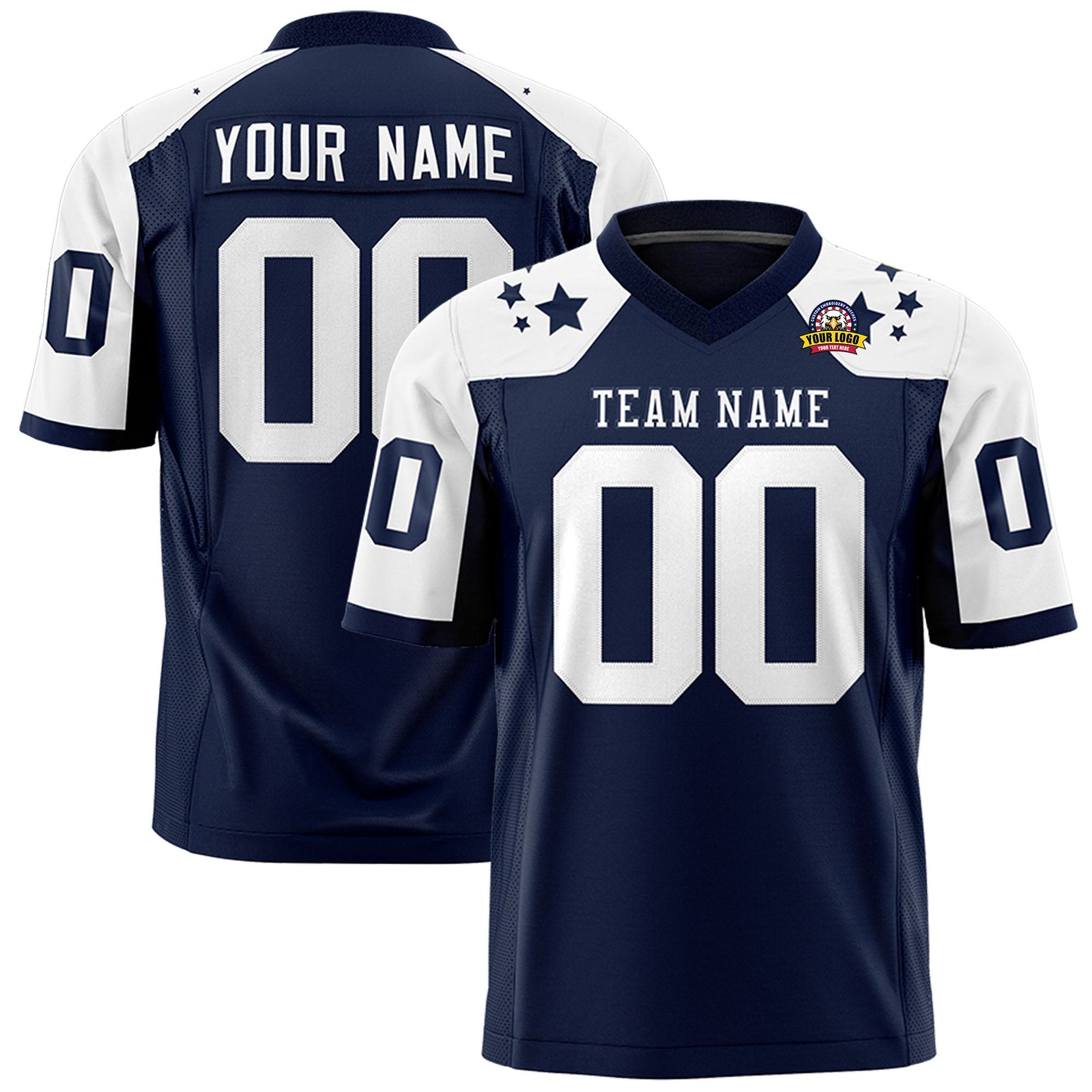 Custom Navy White Personalized Shoulder Star Pattern Authentic Flag Football Jersey