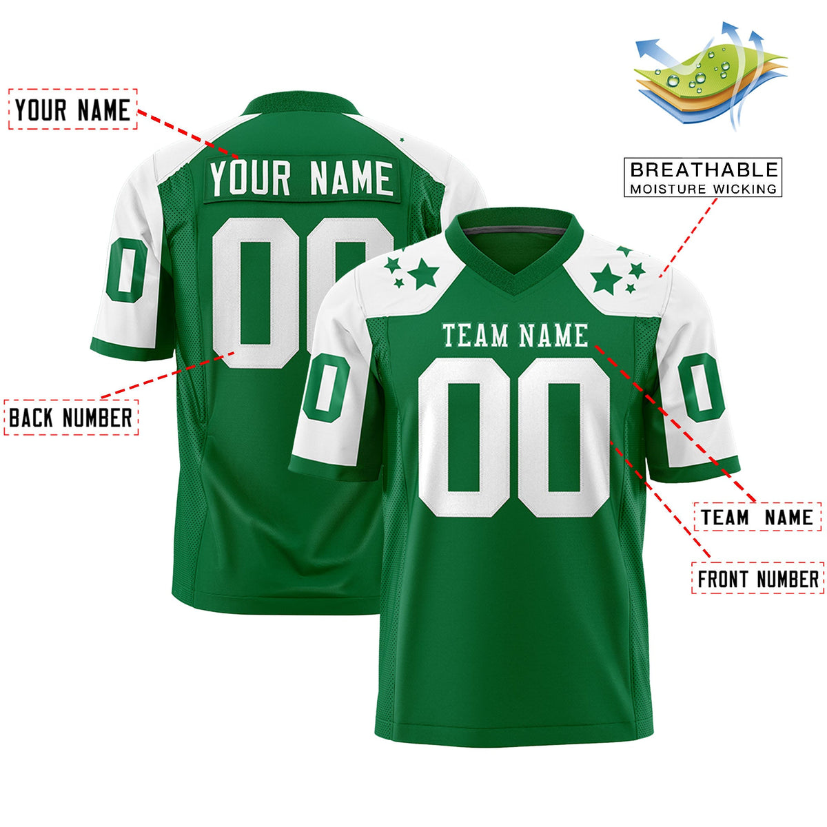 Custom Kelly Green White Personalized Shoulder Star Pattern Flag Football Jersey