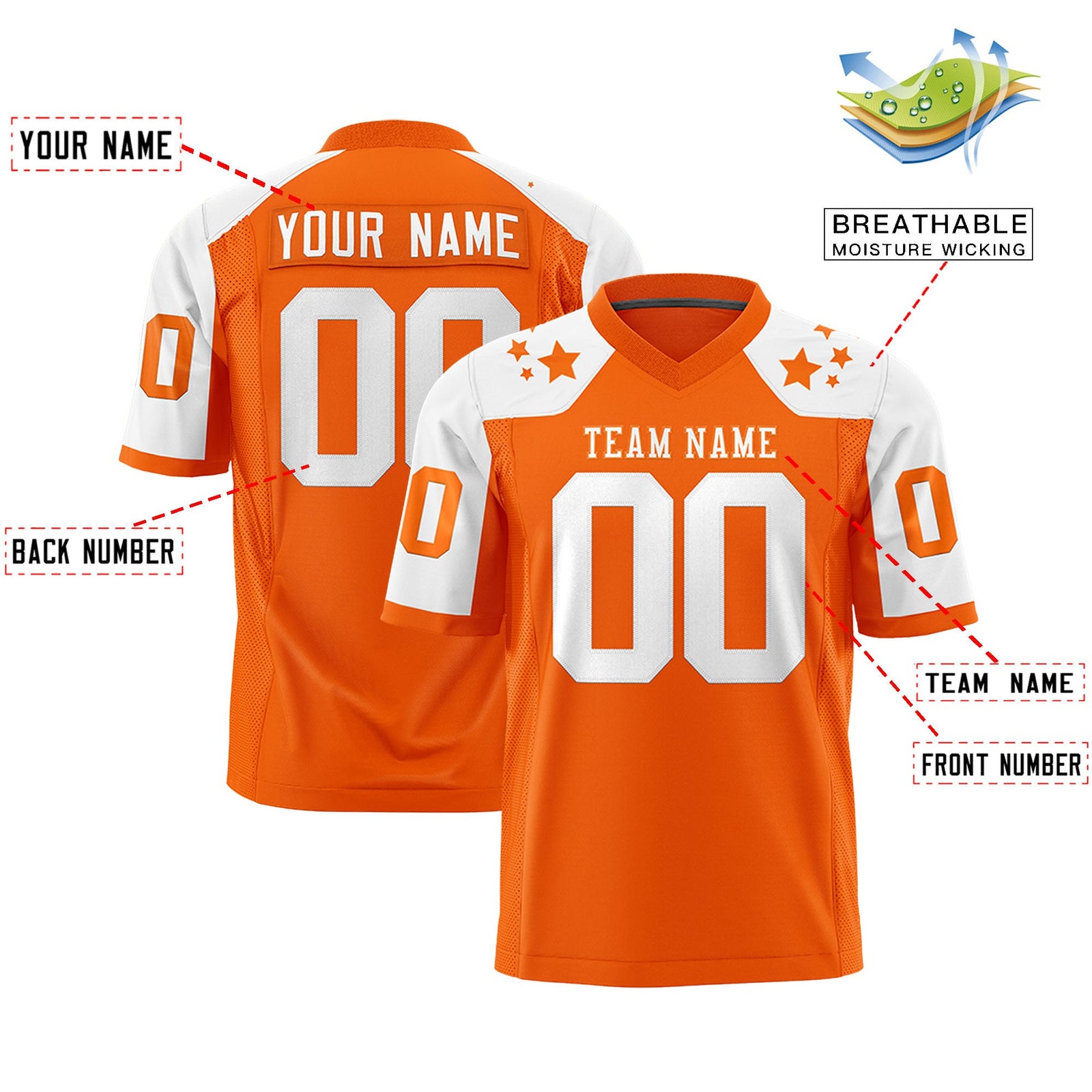 Custom Orange White Personalized Shoulder Star Pattern Authentic Flag Football Jersey