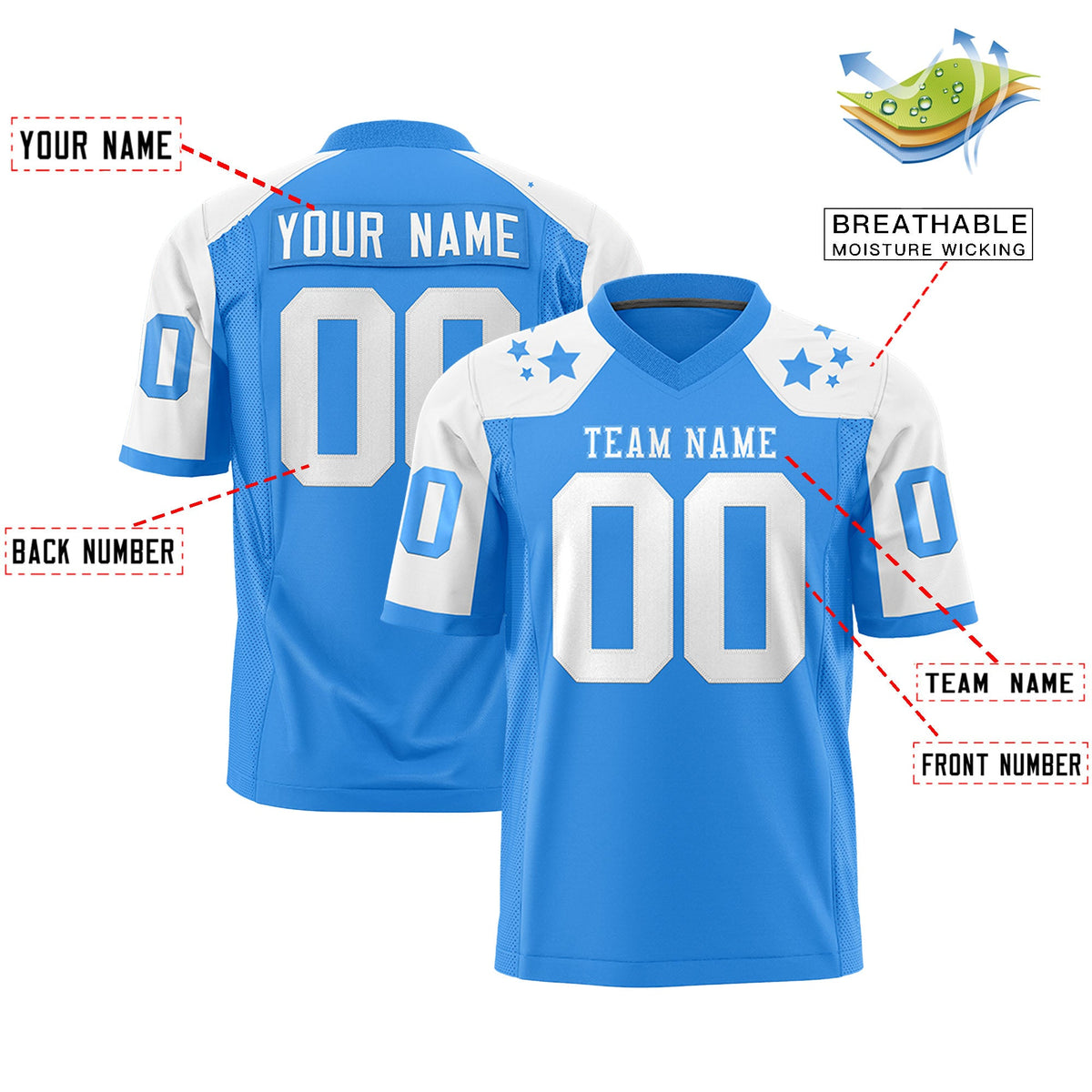 Custom Powder Blue White Personalized Shoulder Star Pattern Flag Football Jersey
