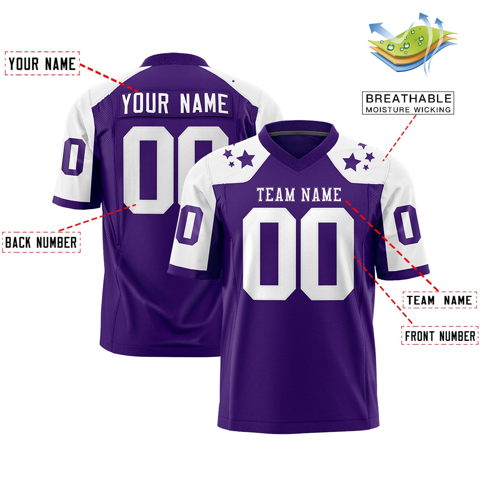 Custom Purple White Personalized Shoulder Star Pattern Authentic Flag Football Jersey